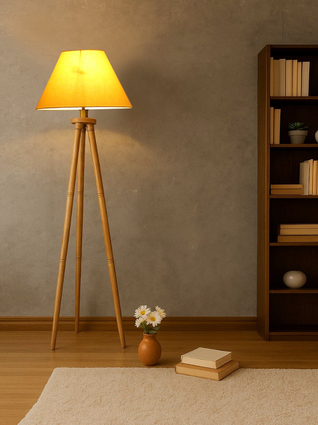 Yellow Cotton Conical Shade Wooden Tripod Floor Lamp for Living Room, Bedroom & Hotel Decor | Modern Standing Lamp with Natural Wood Base, E27 Holder, Ambient Lighting & Premium Home Decor - Image 4