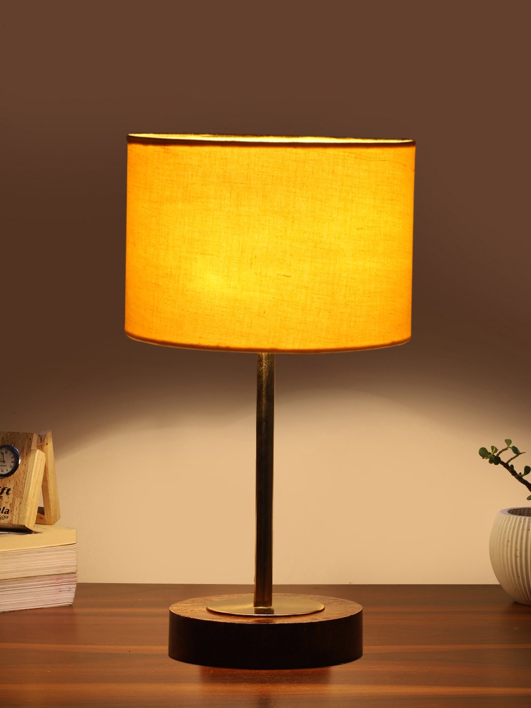 Ambika Home Luxury Premium Devansh Yellow cotton table lamp with Brown wood Base & Golden finish Metal (7X17 inches)-6 Lamp with Yellow Shade for Living Room, Bedroom & Hallway - Image 3