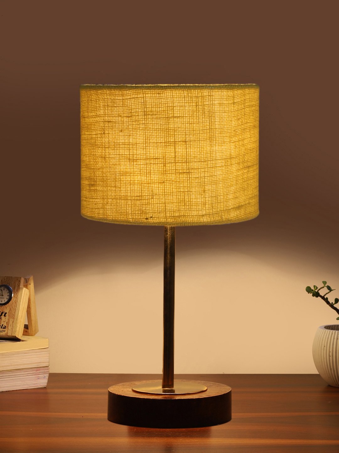 Ambika Home Luxury Premium Devansh Yellow Jute table lamp with Brown wood Base & Golden finish Metal (7X17 inches)-17 Lamp with Yellow Shade for Living Room, Bedroom & Hallway - Image 3