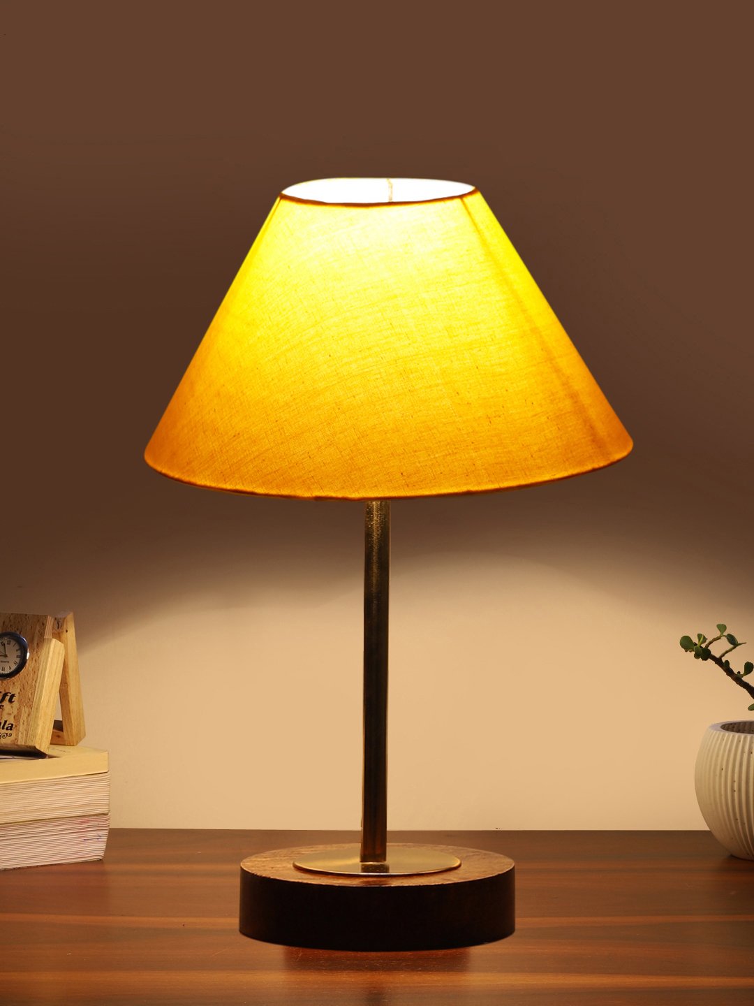 Ambika Home Luxury Premium Devansh Yellow cotton table lamp with Brown wood Base & Golden finish Metal (10X16.25 inches)-31 Lamp with Yellow Shade for Living Room, Bedroom & Hallway - Image 3