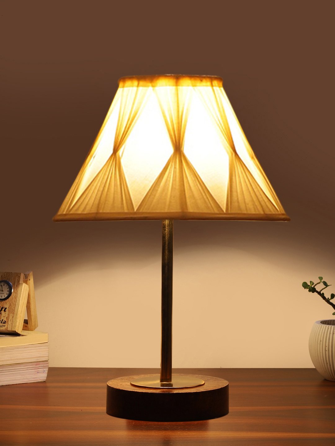 Ambika Home Luxury Premium Devansh Off-white cotton Vintage Curtain Pleated lamp with Brown wood Base & Golden finish Metal (12x17.75) Lamp with off-white Shade for Living Room, Bedroom & Hallway - Image 3
