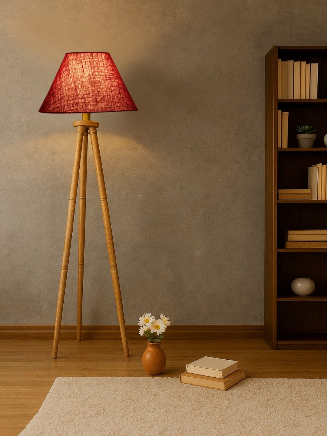 Maroon Jute Conical Shade Wooden Tripod Floor Lamp for Living Room, Bedroom & Hotel Decor | Modern Standing Lamp with Natural Wood Base, E27 Holder, Ambient Lighting & Premium Home Decor - Image 4
