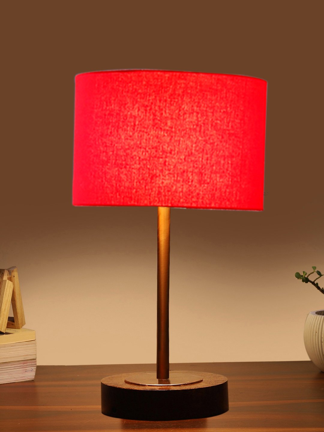 Ambika Home Luxury Premium Devansh Red cotton table lamp with Brown wood Base & Copper finish Metal (7X17 inches)-4 Lamp with Red Shade for Living Room, Bedroom & Hallway - Image 3