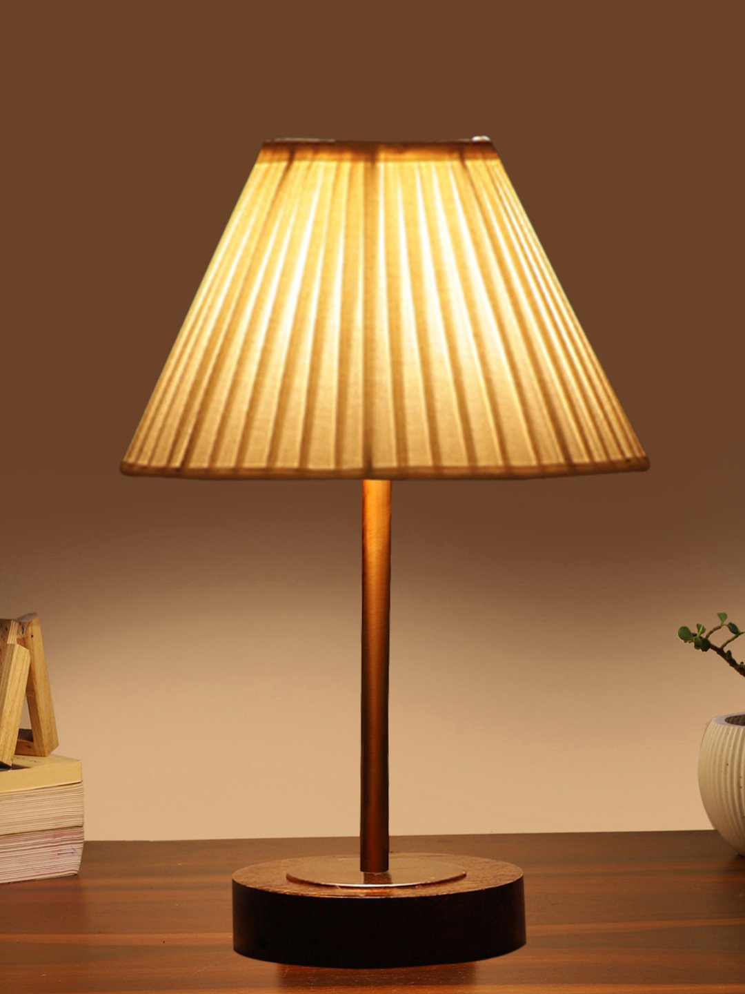 Ambika Home Luxury Premium Devansh Off-white cotton Vintage Straight Pleated lamp with Brown wood Base & Copper finish Metal (12x19) Lamp with off-white Shade for Living Room, Bedroom & Hallway - Image 3