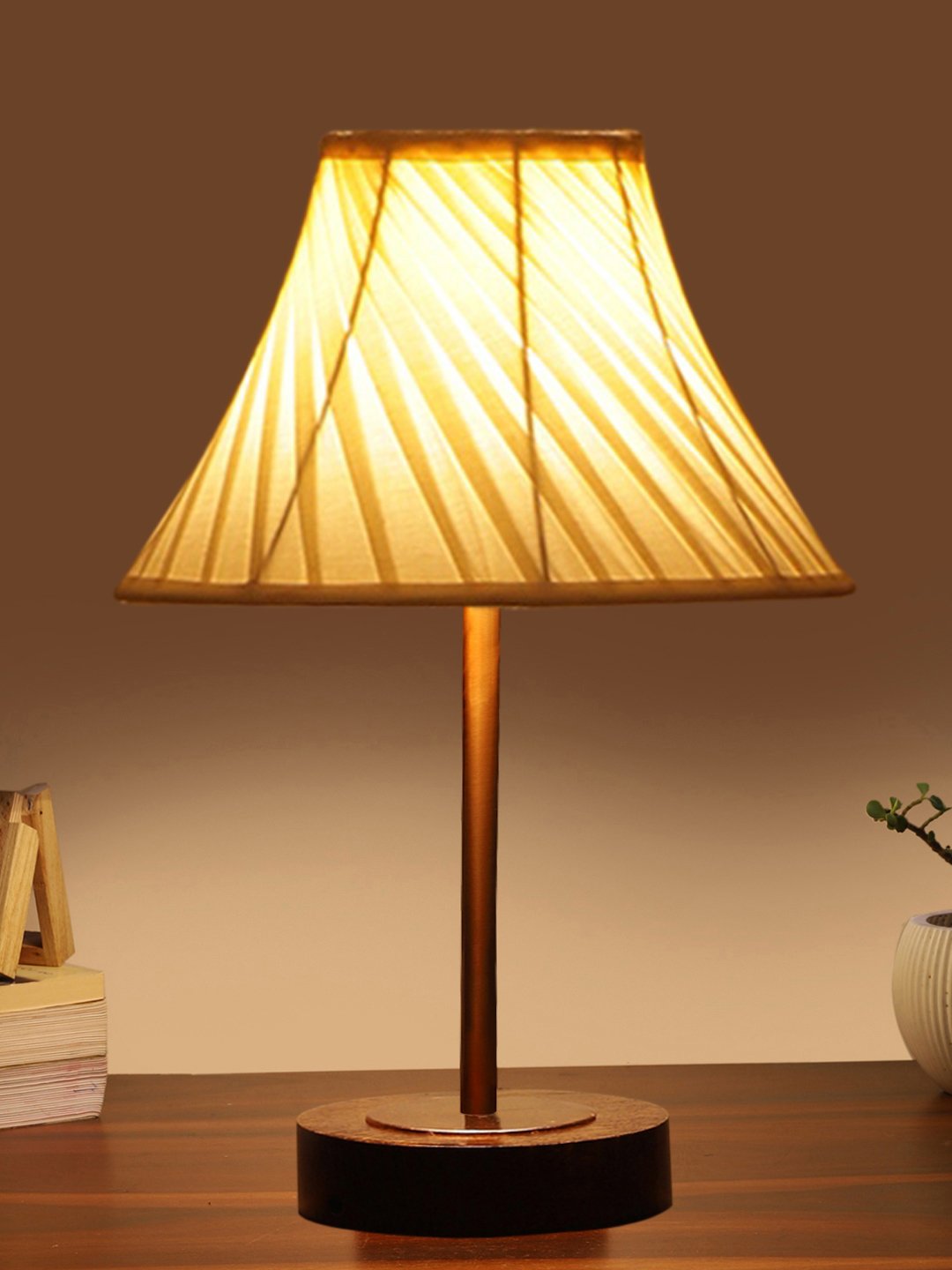 Ambika Home Luxury Premium Devansh Off-white cotton Vintage Cross Pleated lamp with Brown wood Base & Copper finish Metal (12x17.75) Lamp with off-white Shade for Living Room, Bedroom & Hallway - Image 3