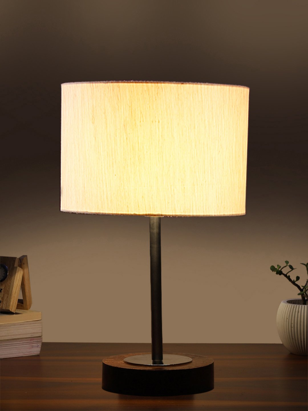 Ambika Home Luxury Premium Devansh off white cotton table lamp with Brown wood Base & Steel Pipe (7X17 inches)-2 Lamp with off-white Shade for Living Room, Bedroom & Hallway - Image 3