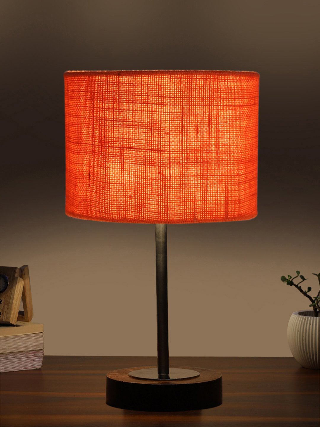 Ambika Home Luxury Premium Devansh Orange Jute table lamp with Brown wood Base & Steel Pipe (7X17 inches)-17 Lamp with Orange Shade for Living Room, Bedroom & Hallway - Image 3
