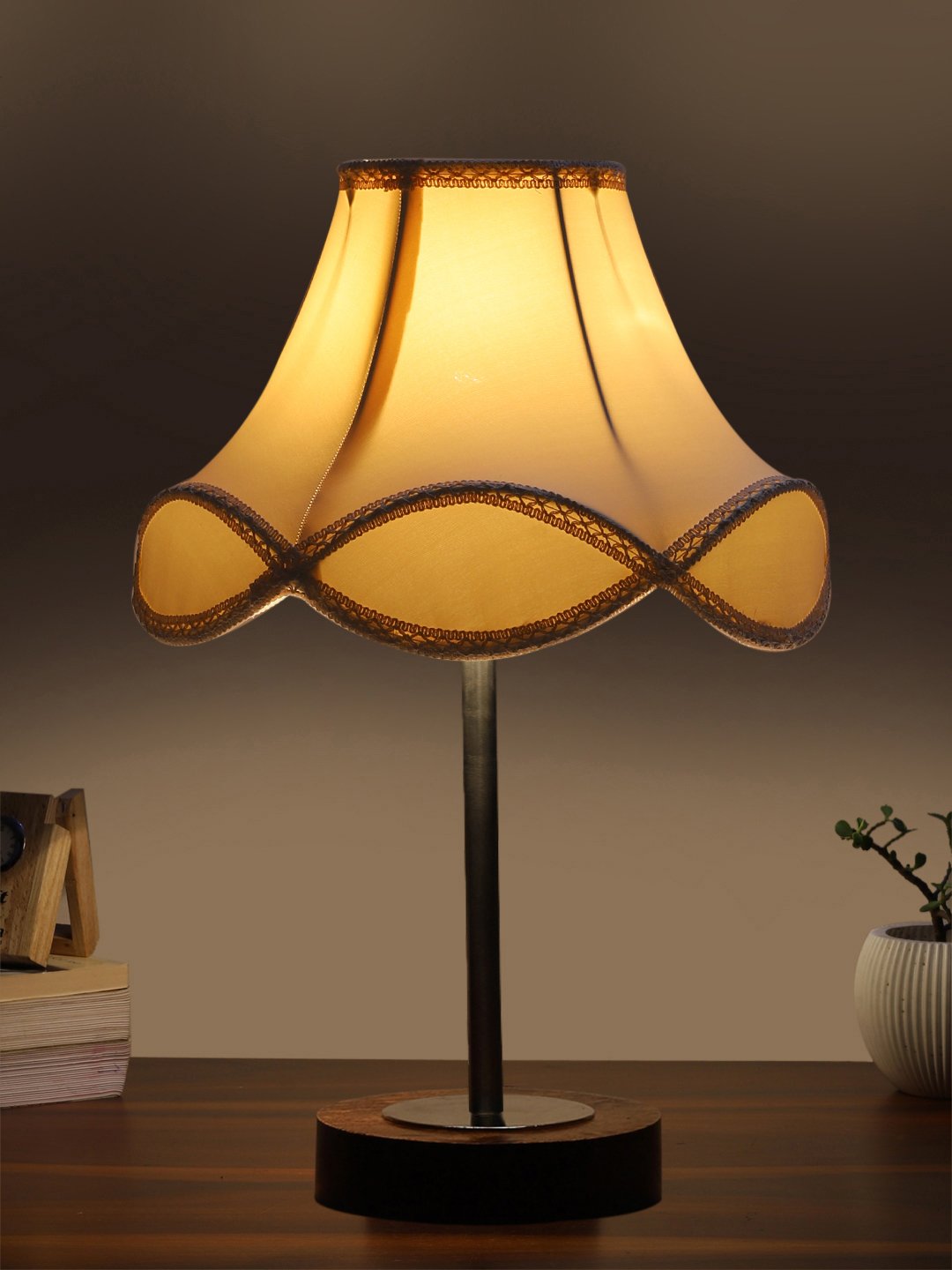 Ambika Home Luxury Premium Devansh Off-white cotton Vintage lamp with Brown wood Base & Steel Pipe (12x19.25) Lamp with off-white Shade for Living Room, Bedroom & Hallway - Image 3