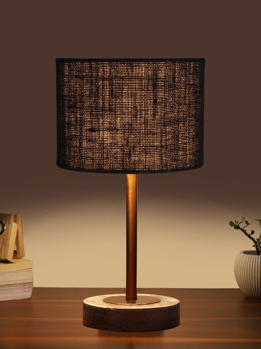 Ambika Home Luxury Premium Devansh Black Jute table lamp with White Brushed Wood Base & Copper finish Metal (7X17 inches)-17 Lamp with Black Shade for Living Room, Bedroom & Hallway - Image 3