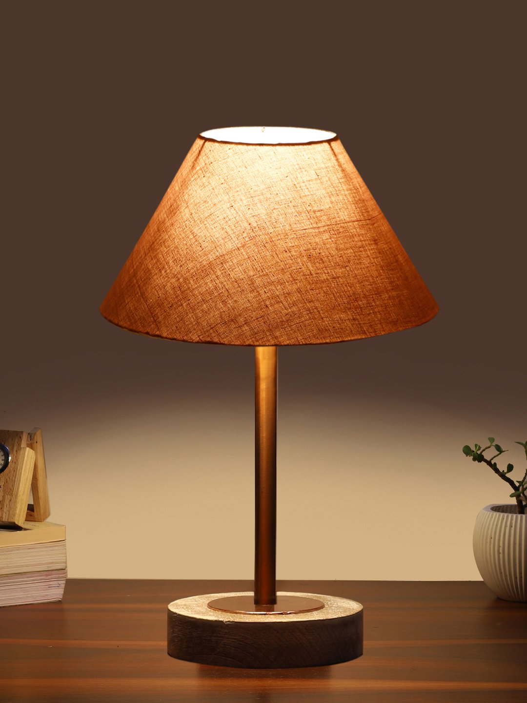 Ambika Home Luxury Premium Devansh Grey cotton table lamp with White Brushed Wood Base & Copper finish Metal (10X16.25 inches)-32 Lamp with Grey Shade for Living Room, Bedroom & Hallway - Image 3