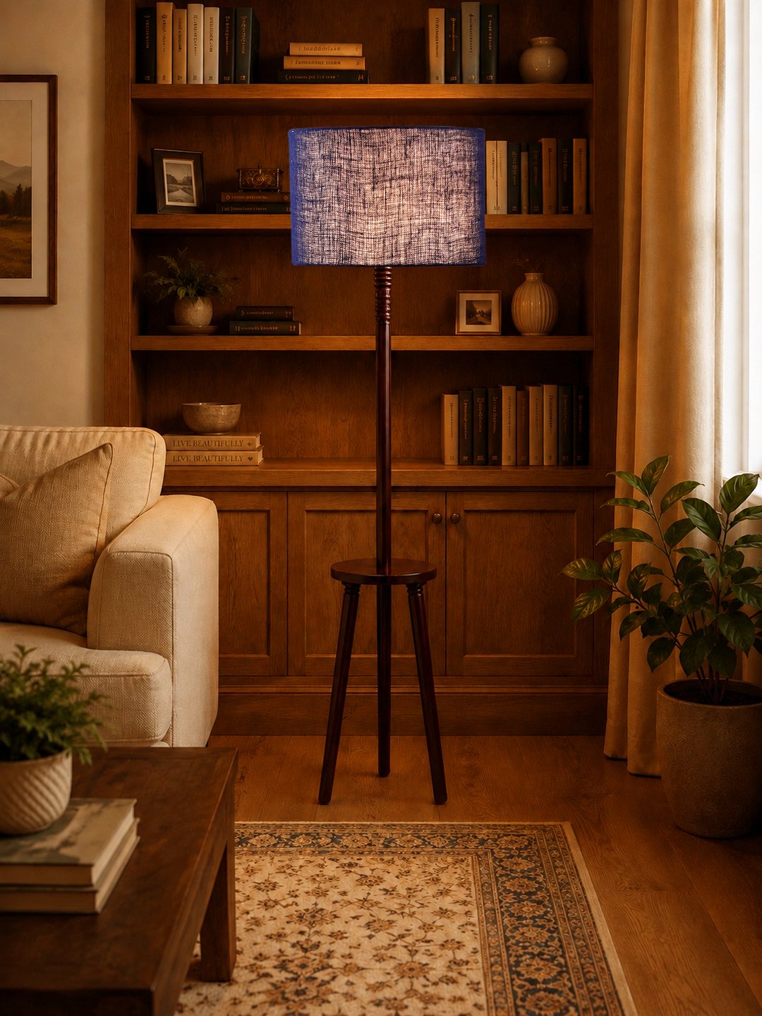Premium Maroon Jute Shade Floor Lamp with Wooden Shelf Stand for Living Room, Bedroom & Reading Corner | Modern Decorative Standing Lamp | Solid Wood Base | Elegant Home Lighting - Image 4