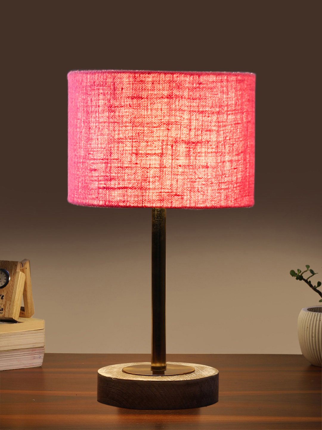 Ambika Home Luxury Premium Devansh Pink Jute table lamp with White Brushed Wood Base & Steel Pipe (7X17 inches)-11 Lamp with Pink Shade for Living Room, Bedroom & Hallway - Image 3