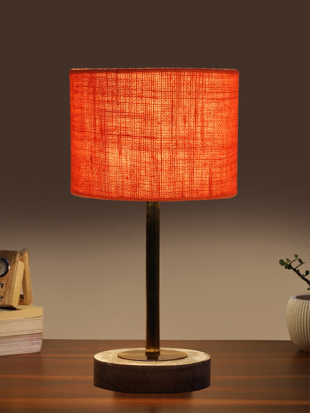 Ambika Home Luxury Premium Devansh Orange Jute table lamp with White Brushed Wood Base & Steel Pipe (7X17 inches)-17 Lamp with Orange Shade for Living Room, Bedroom & Hallway - Image 3