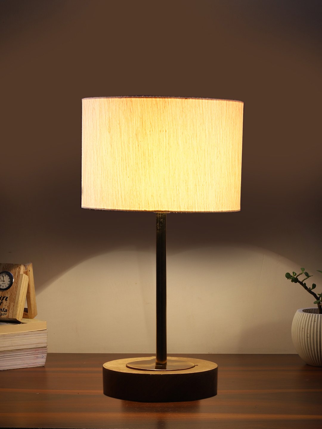 Ambika Home Luxury Premium Devansh off white cotton table lamp with Natural Wood Base & Golden Pipe (7X17 inches)-2 Lamp with off-white Shade for Living Room, Bedroom & Hallway - Image 3
