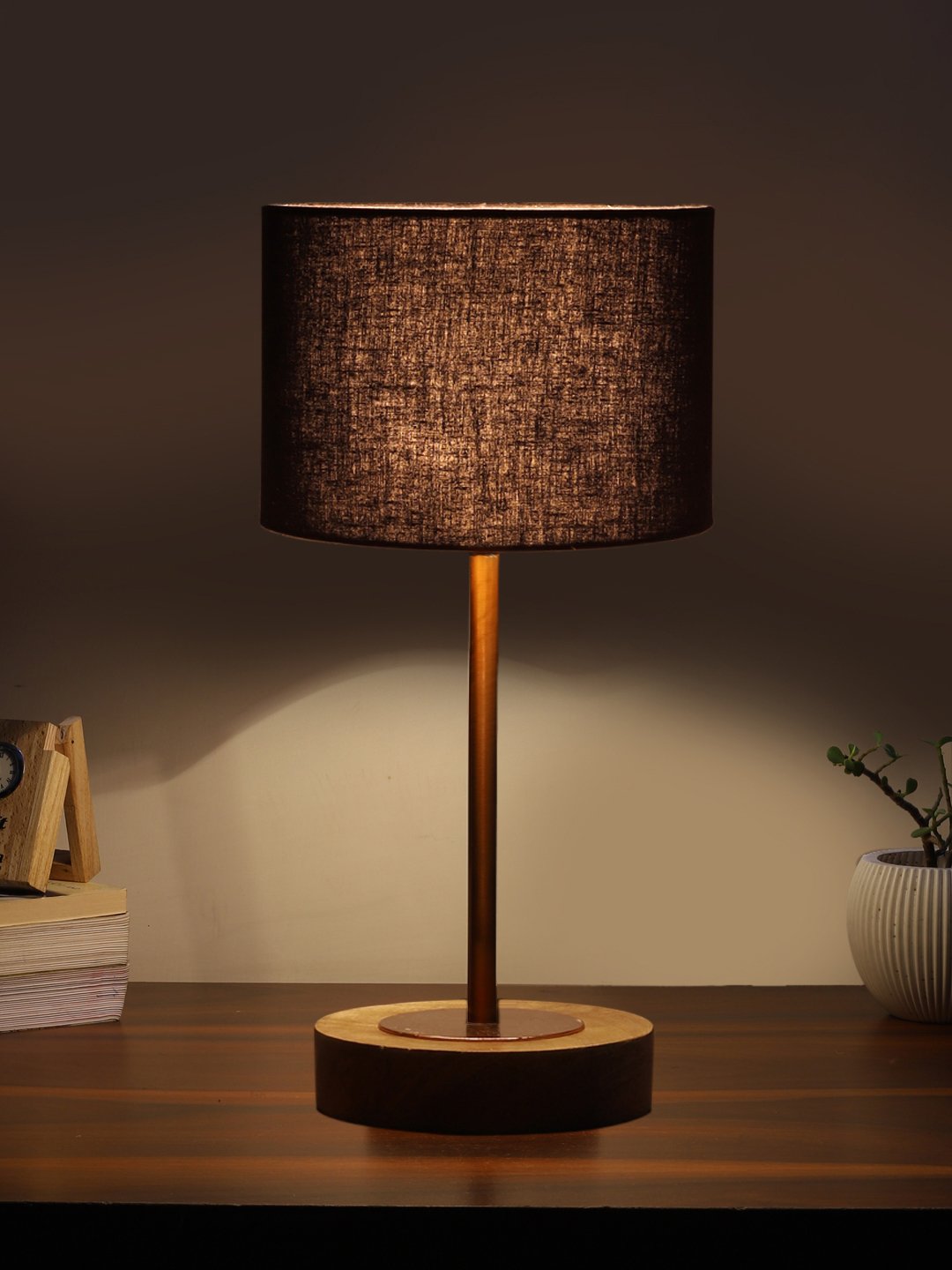 Ambika Home Luxury Premium Devansh Black cotton table lamp with Natural Wood Base & Copper Pipe (7X17 inches)-3 Lamp with Black Shade for Living Room, Bedroom & Hallway - Image 3