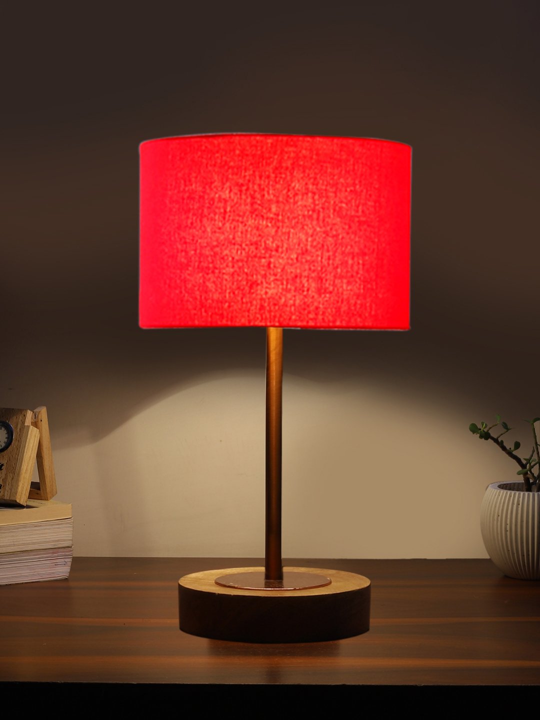 Ambika Home Luxury Premium Devansh Red cotton table lamp with Natural Wood Base & Copper Pipe (7X17 inches)-4 Lamp with Red Shade for Living Room, Bedroom & Hallway - Image 3