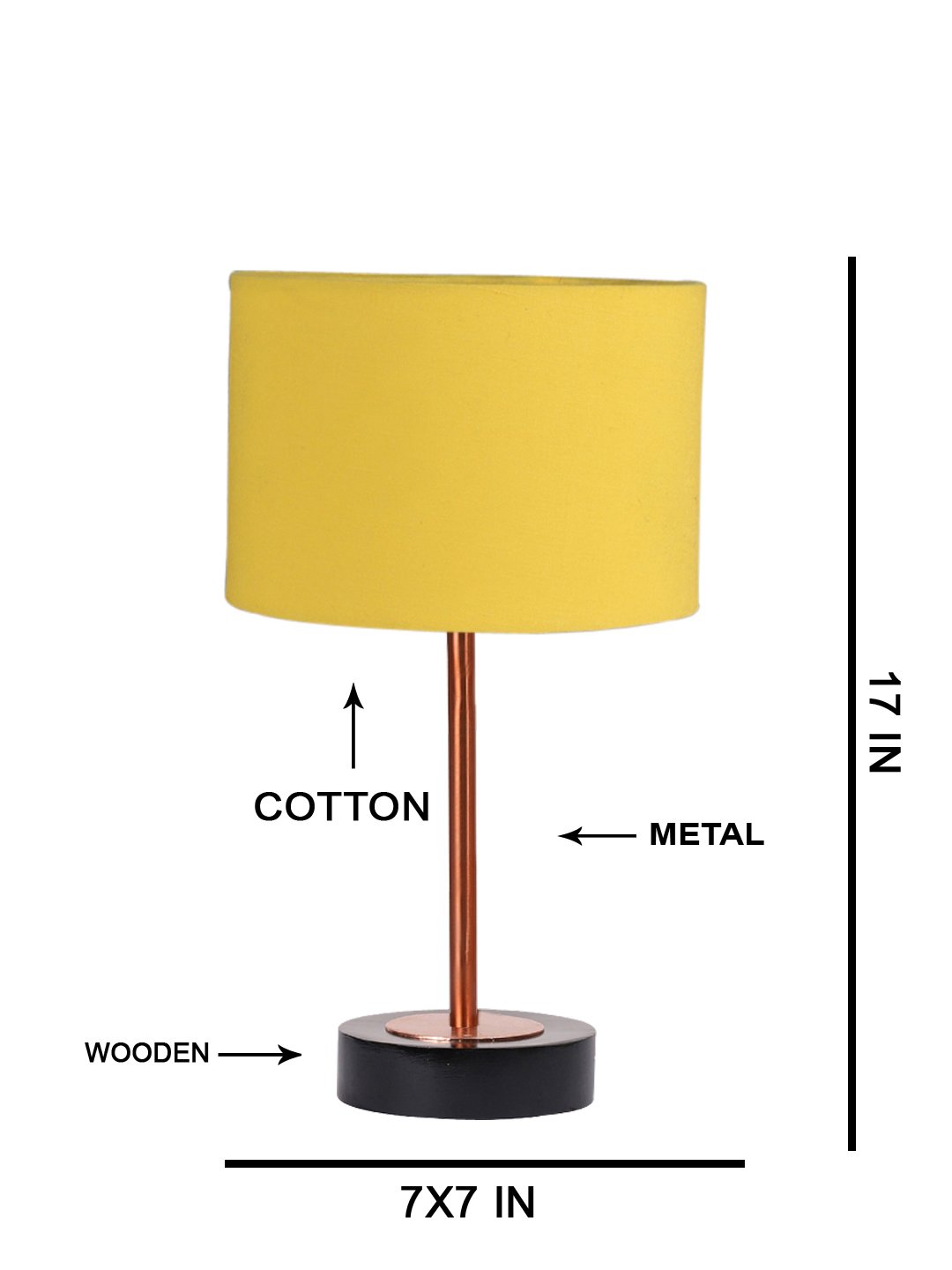 Ambika Home Luxury Premium Devansh Yellow cotton table lamp with Black wood base & Copper finish Metal (7X17 inches)-6 Lamp with Yellow Shade for Living Room, Bedroom & Hallway - Image 5