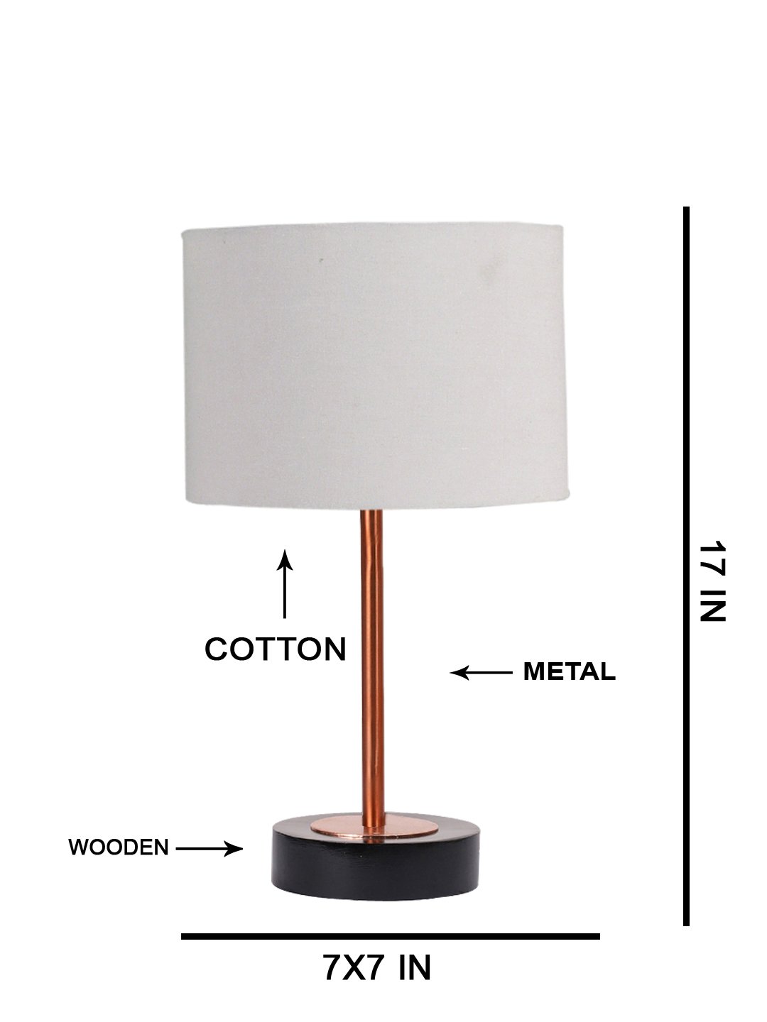 Ambika Home Luxury Premium Devansh Grey cotton table lamp with Black wood base & Copper finish Metal (7X17 inches)-7 Lamp with Grey Shade for Living Room, Bedroom & Hallway - Image 5