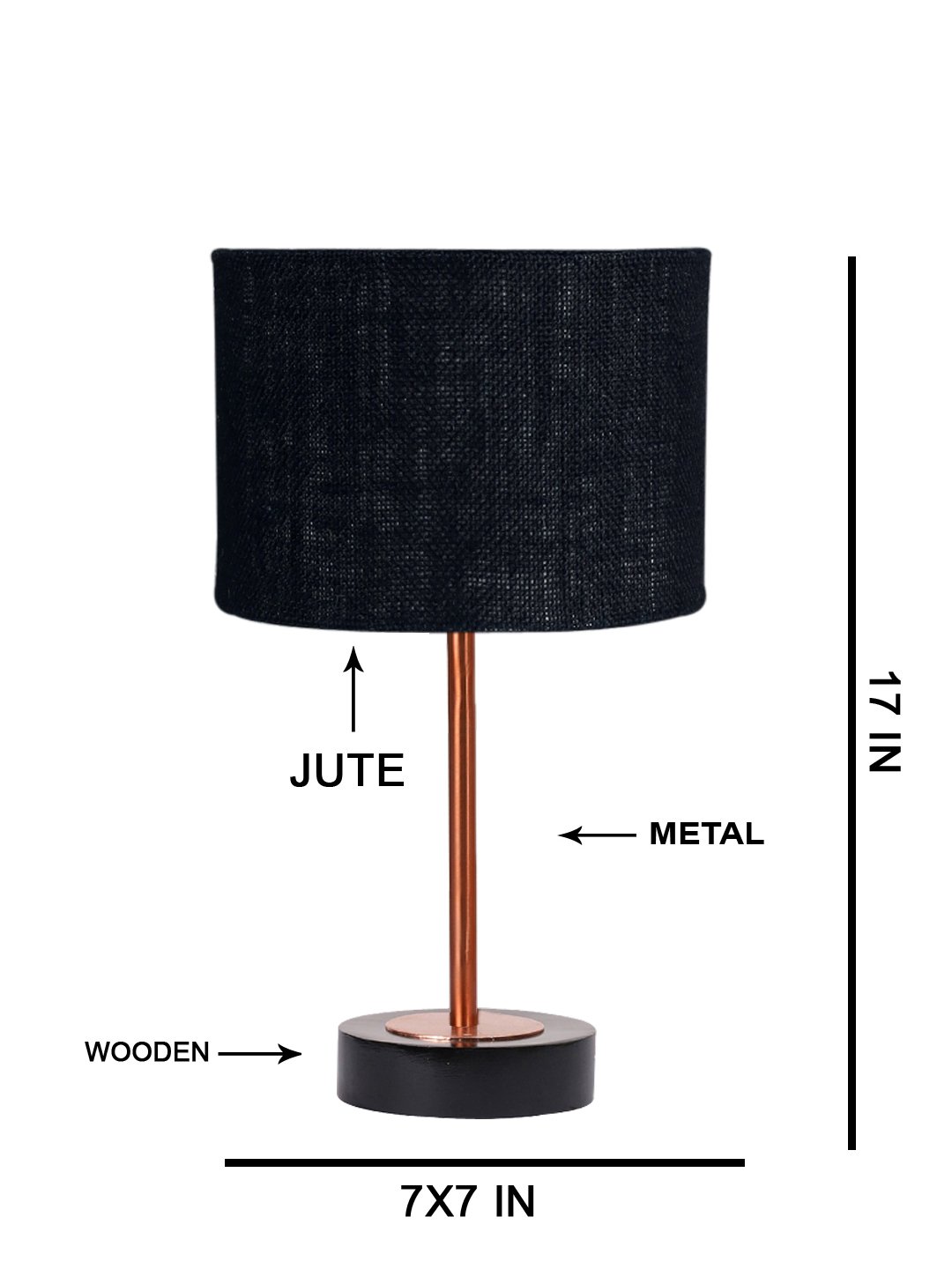 Ambika Home Luxury Premium Devansh Black Jute table lamp with Black wood base & Copper finish Metal (7X17 inches)-17 Lamp with Black Shade for Living Room, Bedroom & Hallway - Image 5