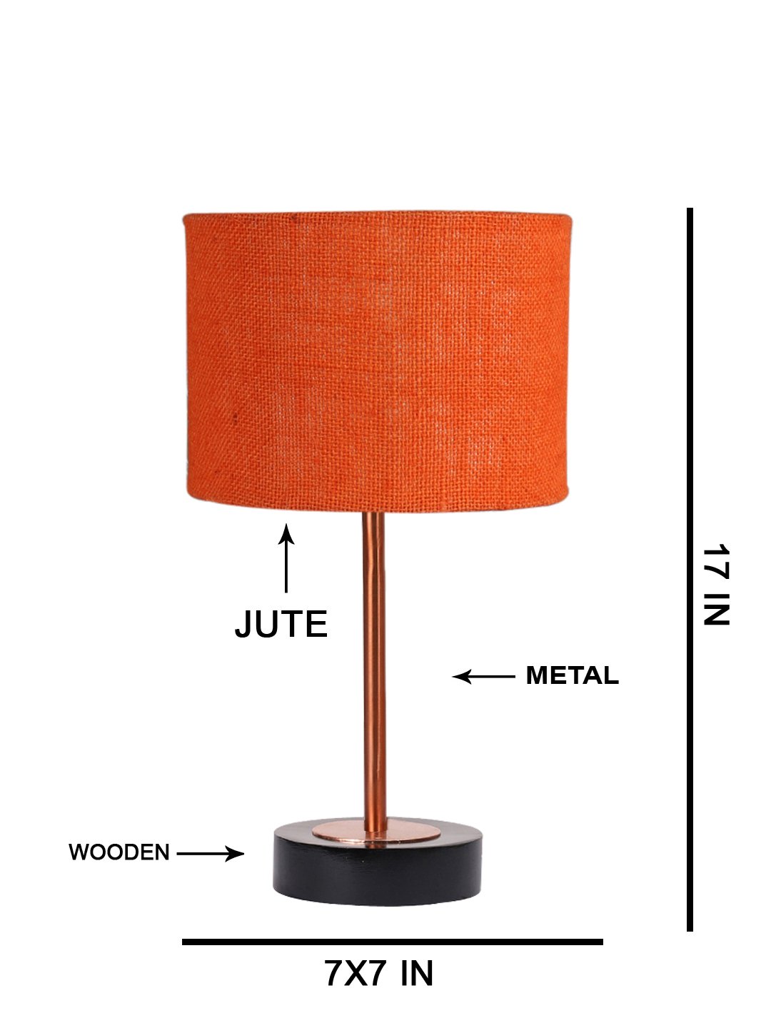 Ambika Home Luxury Premium Devansh Orange Jute table lamp with Black wood base & Copper finish Metal (7X17 inches)-17 Lamp with Orange Shade for Living Room, Bedroom & Hallway - Image 5