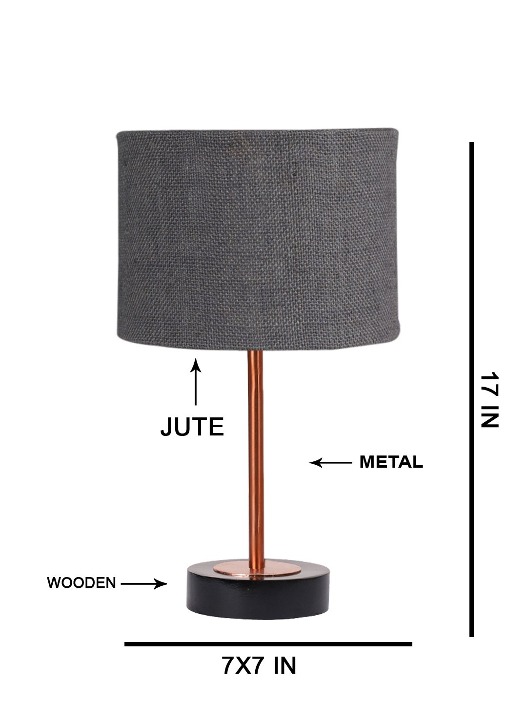 Ambika Home Luxury Premium Devansh Grey Jute table lamp with Black wood base & Copper finish Metal (7X17 inches)-17 Lamp with Grey Shade for Living Room, Bedroom & Hallway - Image 5