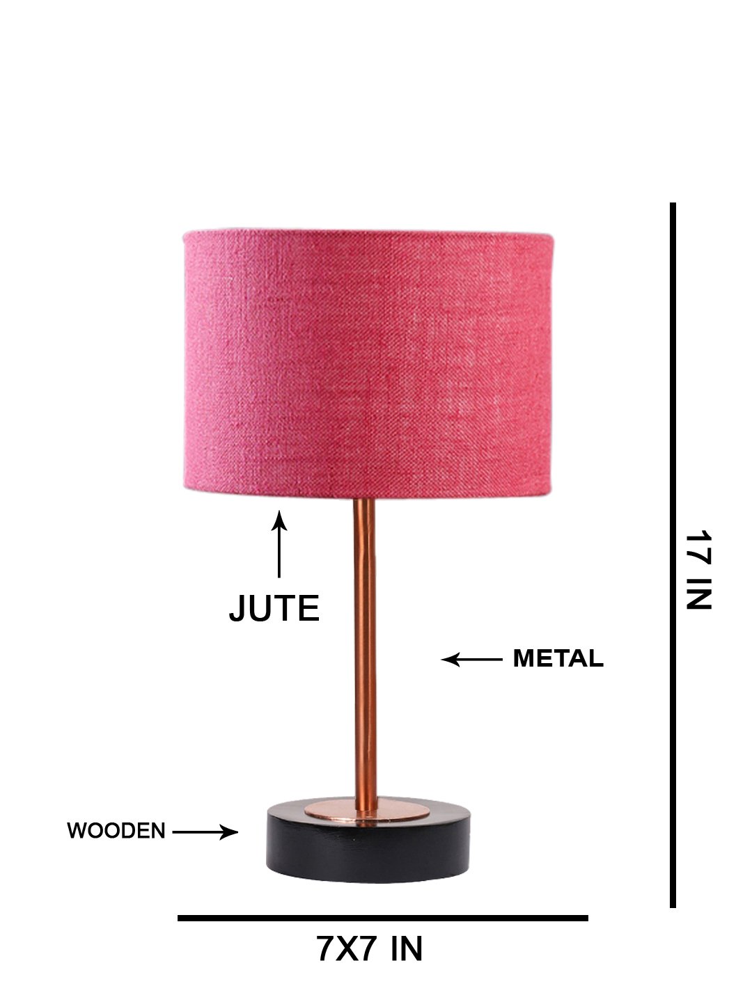 Ambika Home Luxury Premium Devansh Pink Jute table lamp with Black wood base & Copper finish Metal (7X17 inches)-11 Lamp with Pink Shade for Living Room, Bedroom & Hallway - Image 5