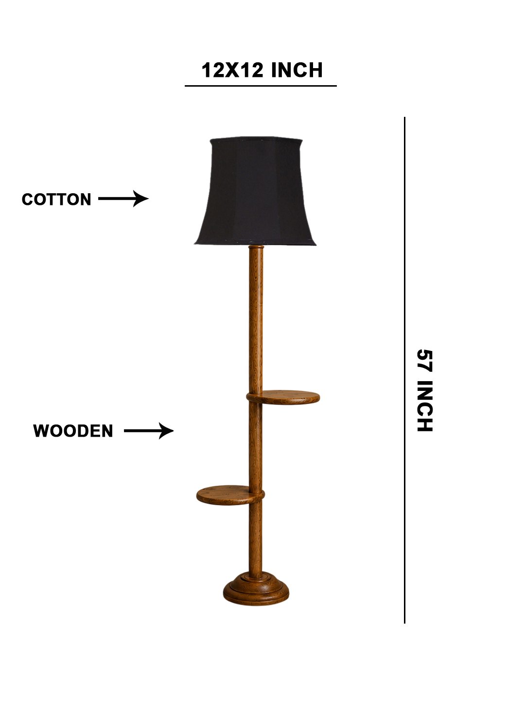 Ambika Home Soft back Black cotton shade with Double Shelf floor Lamp Modern Floor Lamp | Black Cotton Shade, Wood Base | Luxury Living Room, Bedroom & Home Decor Lighting - Image 5