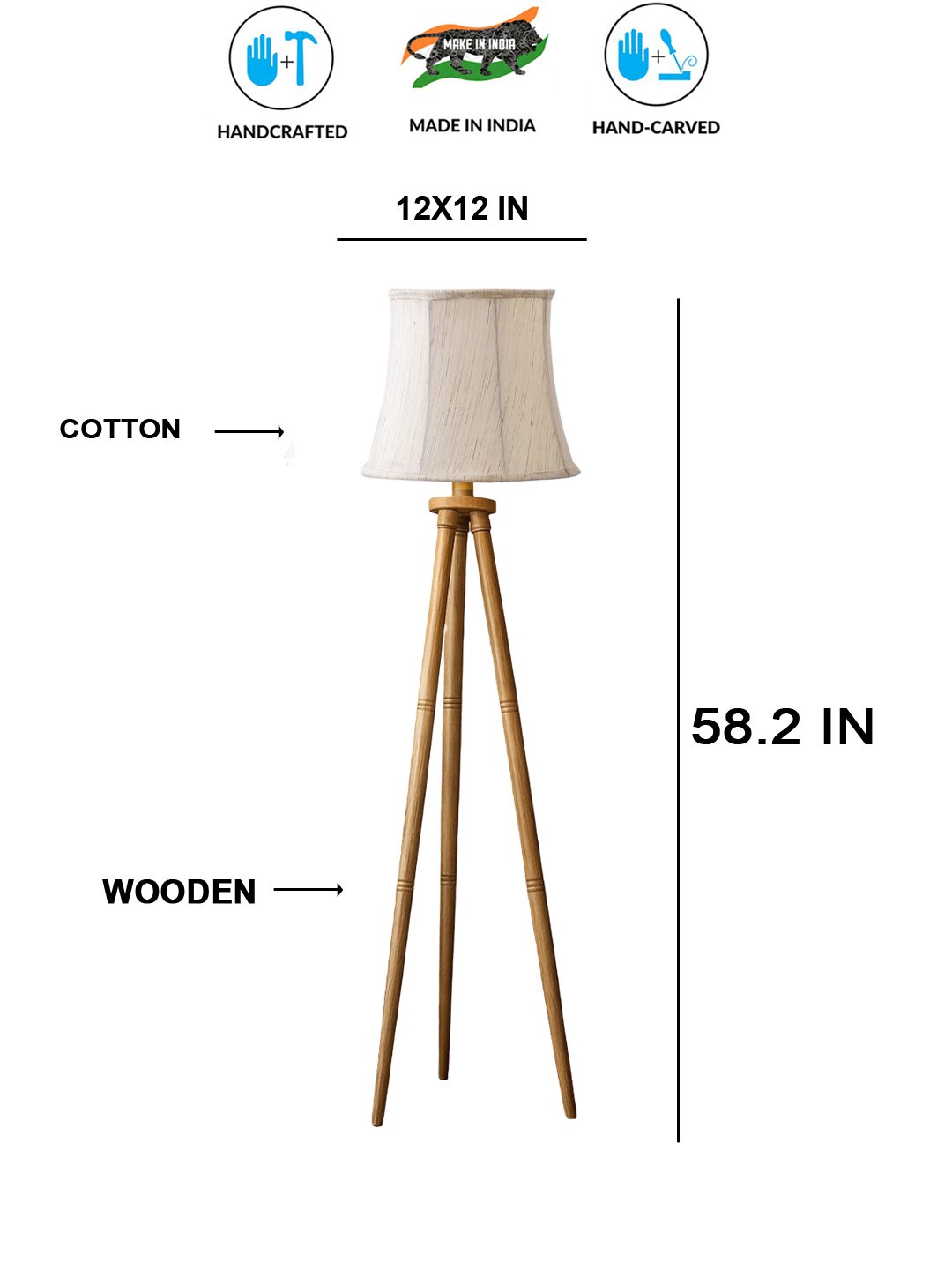 Ambika Home Premium Off-white Fabric Shade Floor Lamp for Hallway & Guest Room | Wooden Natural Tripod Stand | E27 Holder Included Bulb - Image 5