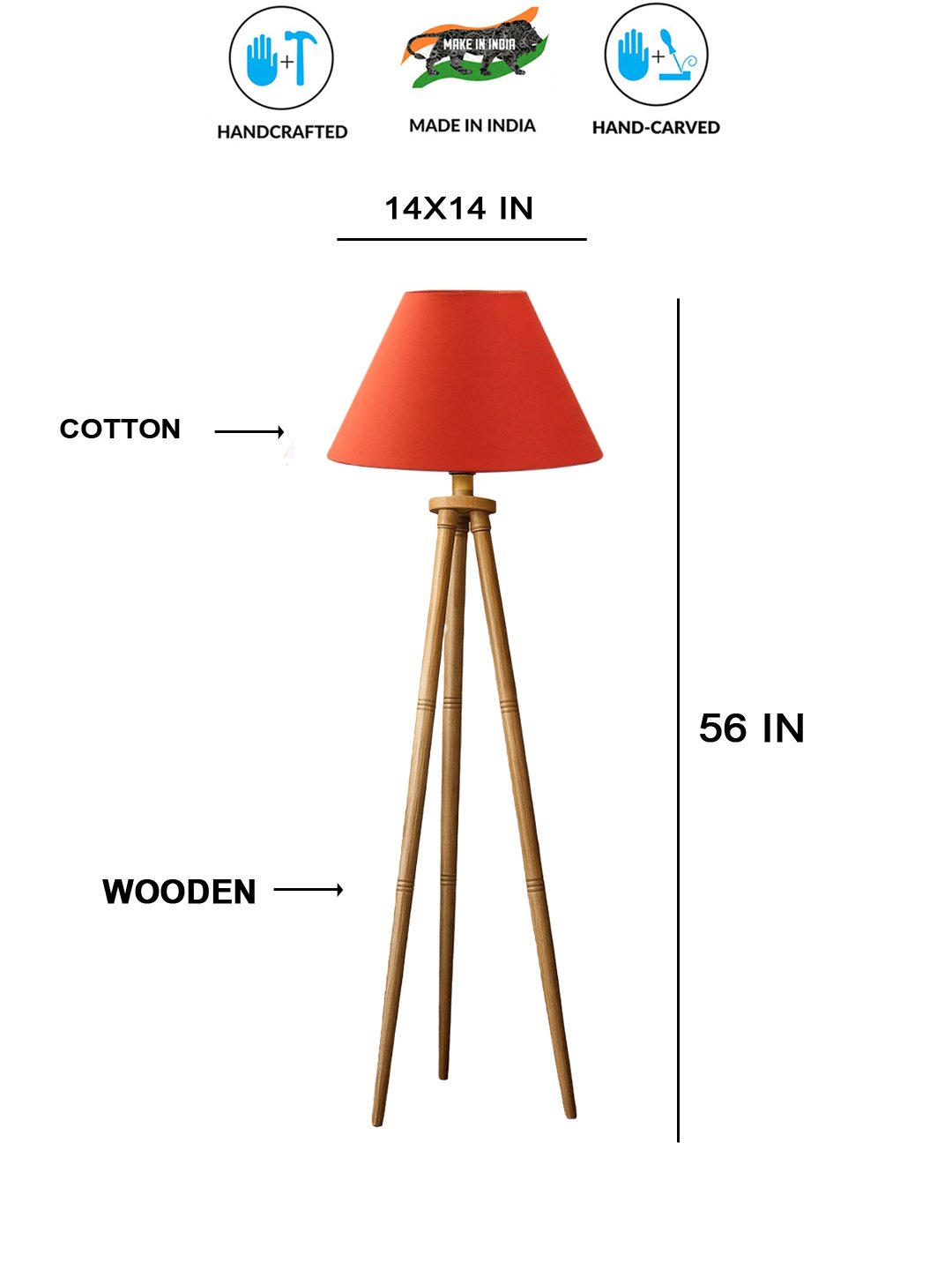 Orange Cotton Conical Shade Wooden Tripod Floor Lamp for Living Room, Bedroom & Hotel Decor | Modern Standing Lamp with Natural Wood Base, E27 Holder, Ambient Lighting & Premium Home Decor - Image 5