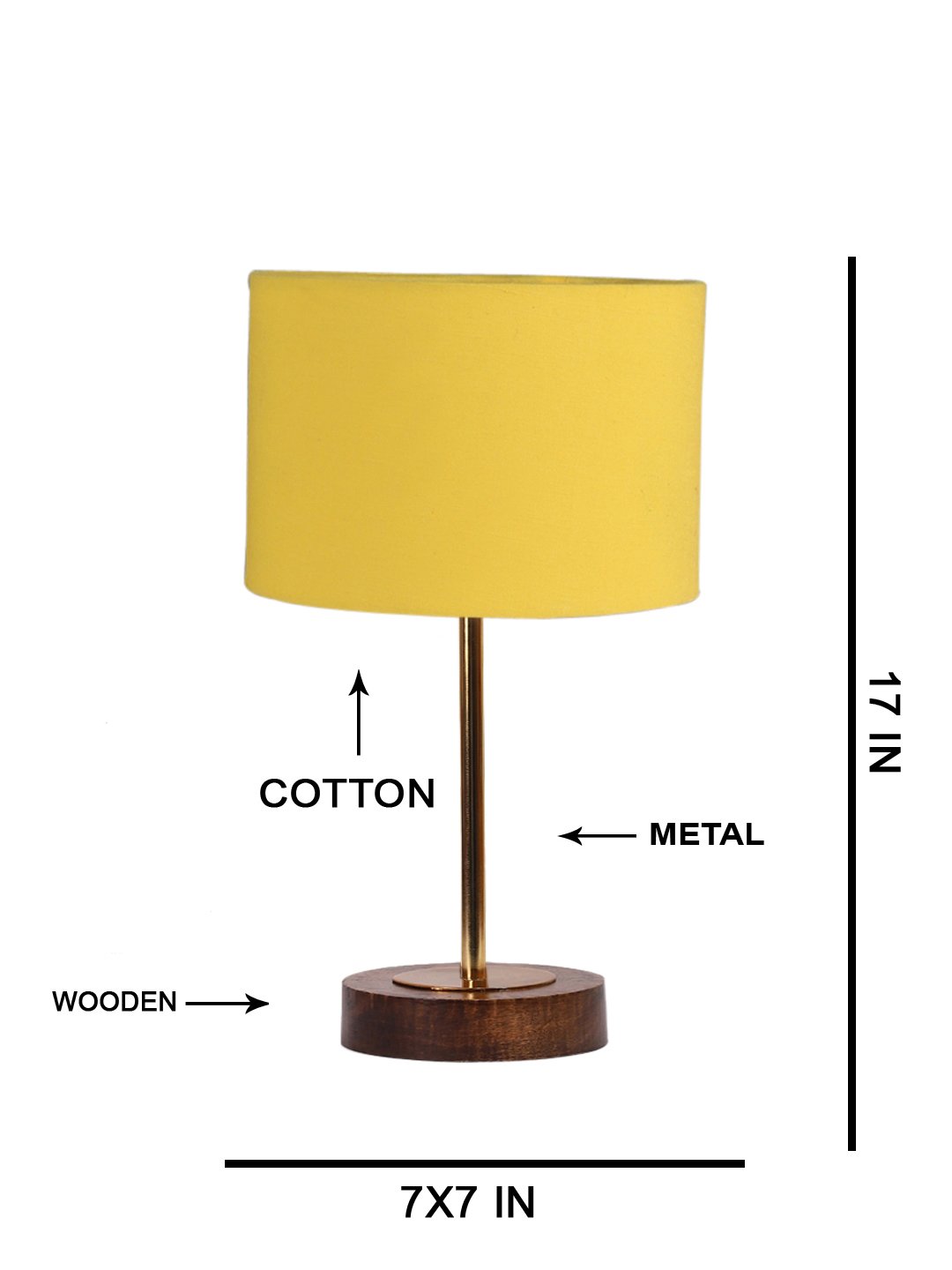 Ambika Home Luxury Premium Devansh Yellow cotton table lamp with Brown wood Base & Golden finish Metal (7X17 inches)-6 Lamp with Yellow Shade for Living Room, Bedroom & Hallway - Image 5