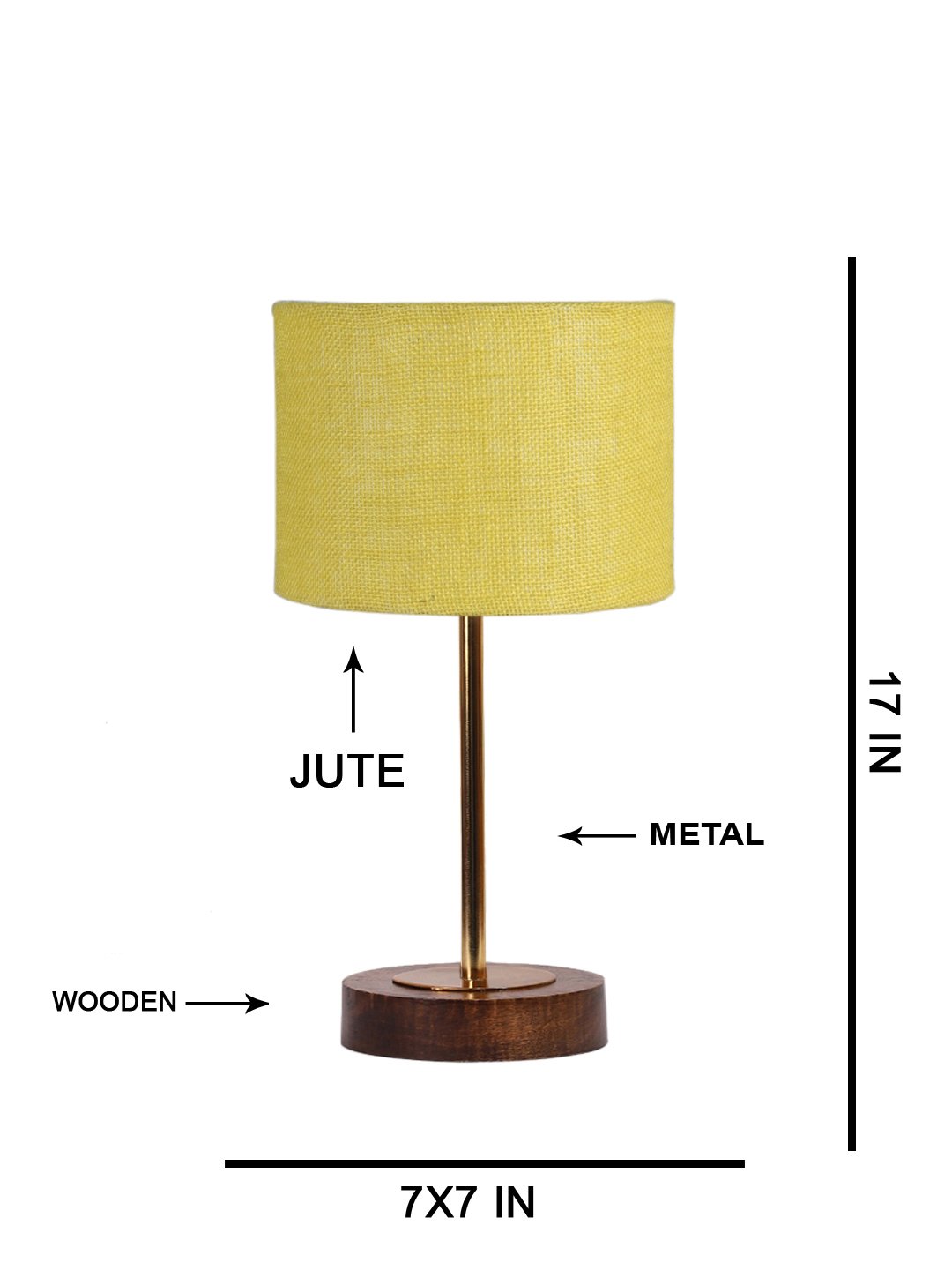 Ambika Home Luxury Premium Devansh Yellow Jute table lamp with Brown wood Base & Golden finish Metal (7X17 inches)-17 Lamp with Yellow Shade for Living Room, Bedroom & Hallway - Image 5