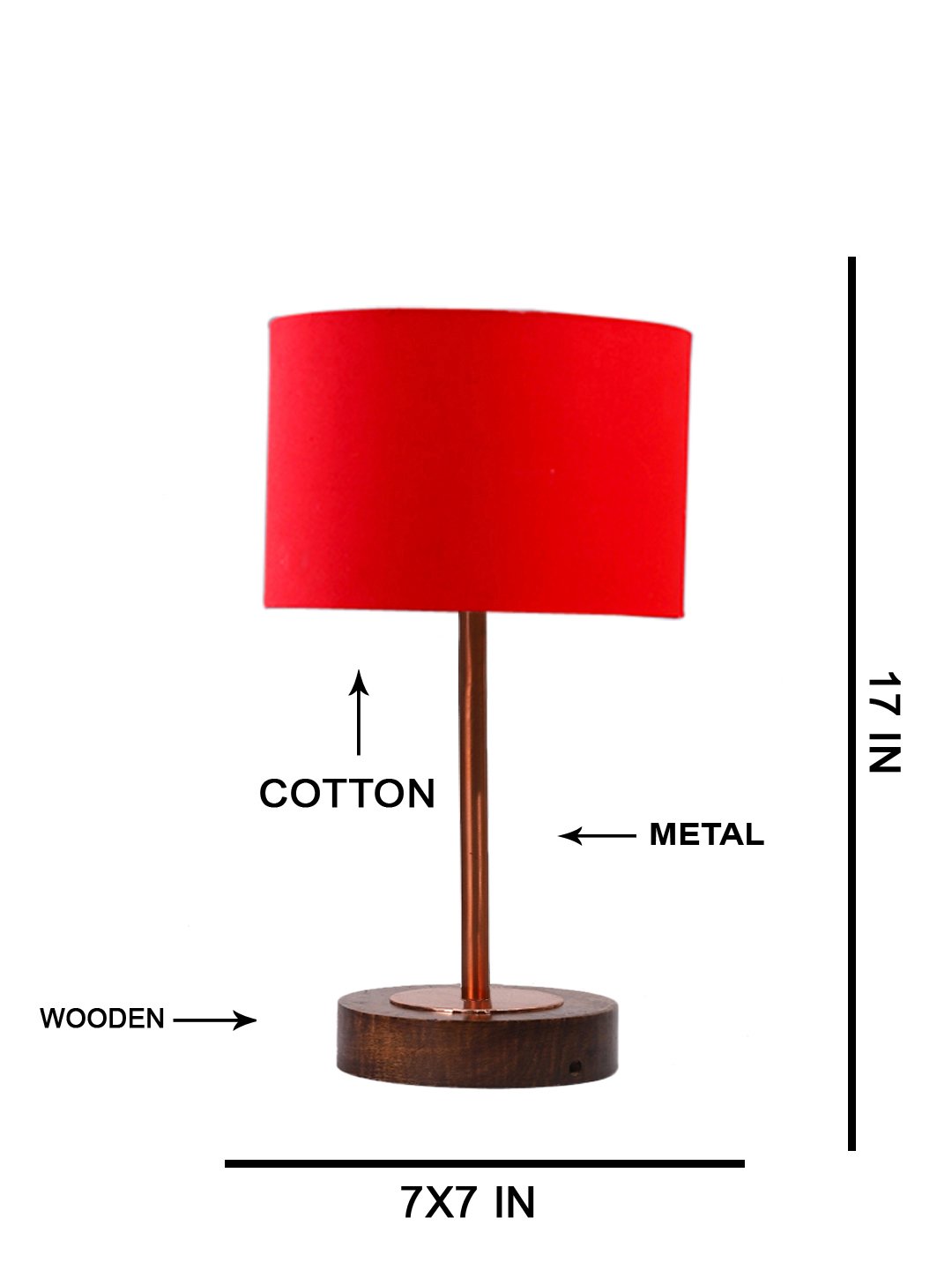 Ambika Home Luxury Premium Devansh Red cotton table lamp with Brown wood Base & Copper finish Metal (7X17 inches)-4 Lamp with Red Shade for Living Room, Bedroom & Hallway - Image 5