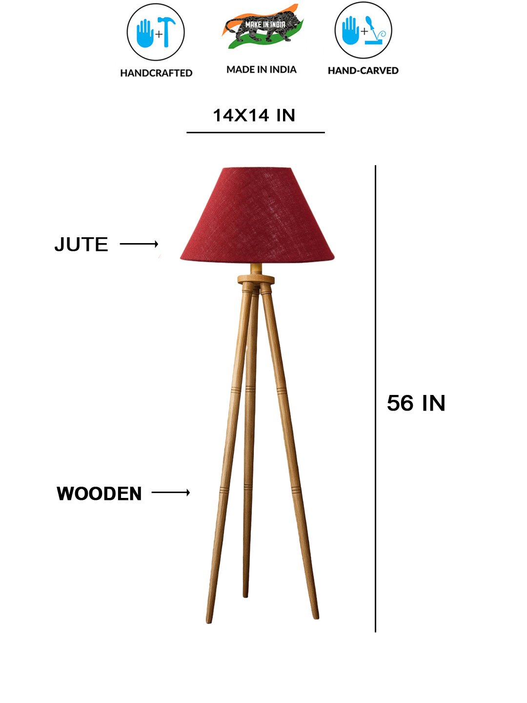 Maroon Jute Conical Shade Wooden Tripod Floor Lamp for Living Room, Bedroom & Hotel Decor | Modern Standing Lamp with Natural Wood Base, E27 Holder, Ambient Lighting & Premium Home Decor - Image 5