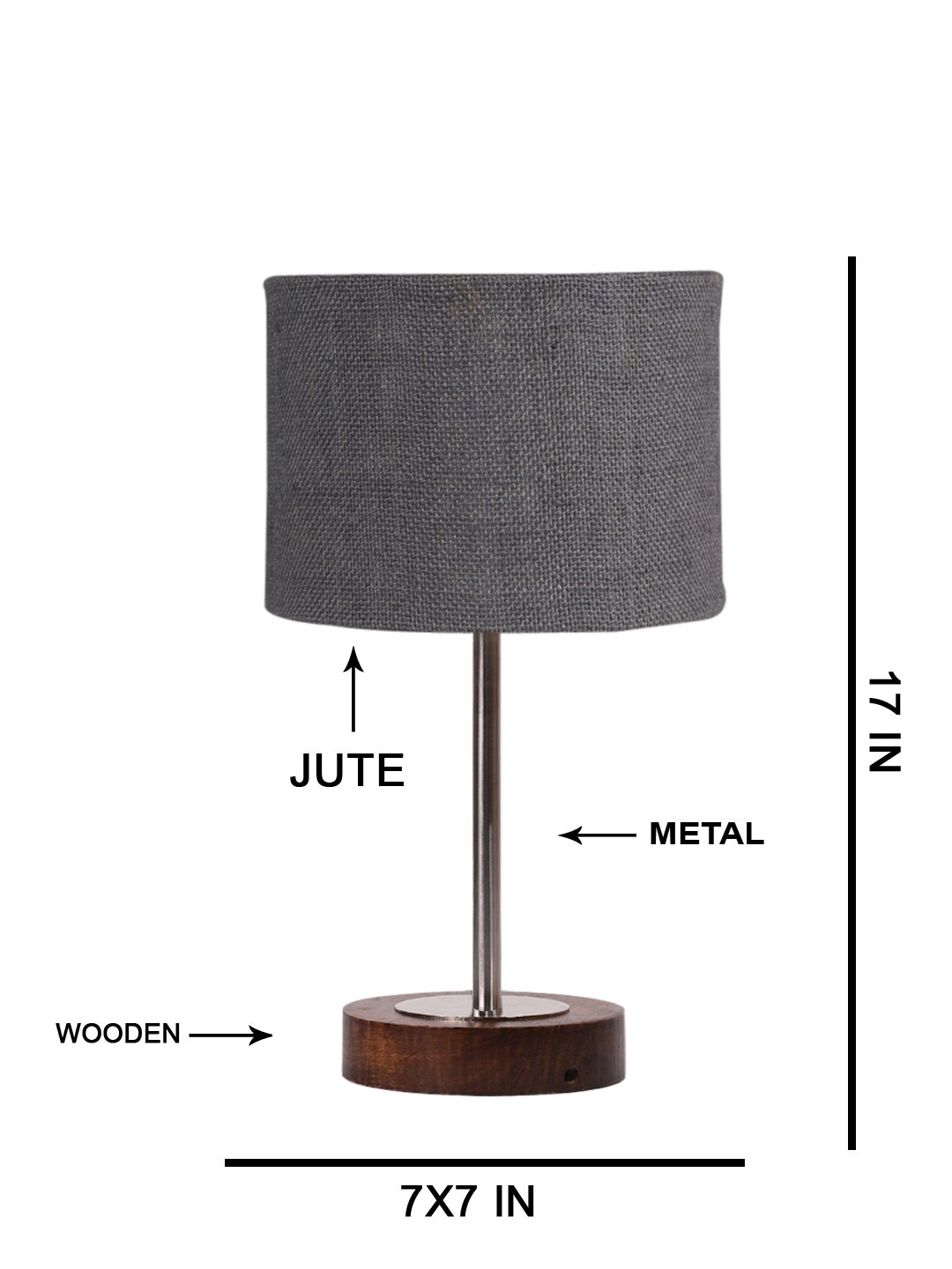 Ambika Home Luxury Premium Devansh Grey Jute table lamp with Brown wood Base & Steel Pipe (7X17 inches)-17 Lamp with Grey Shade for Living Room, Bedroom & Hallway - Image 5