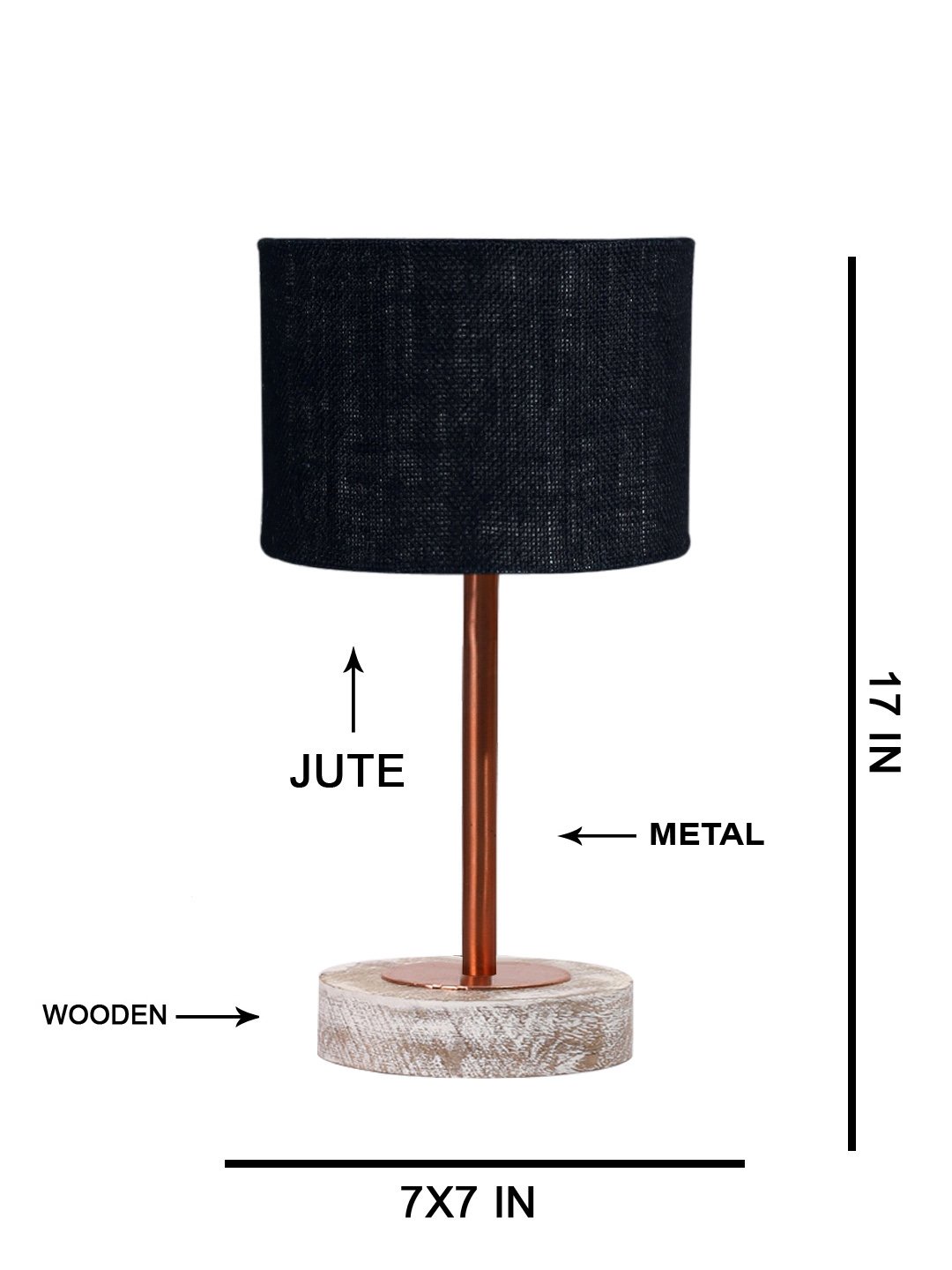 Ambika Home Luxury Premium Devansh Black Jute table lamp with White Brushed Wood Base & Copper finish Metal (7X17 inches)-17 Lamp with Black Shade for Living Room, Bedroom & Hallway - Image 5