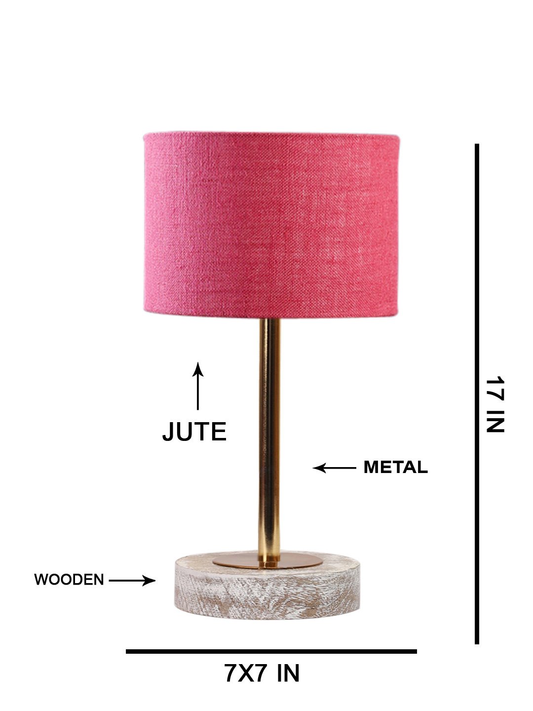 Ambika Home Luxury Premium Devansh Pink Jute table lamp with White Brushed Wood Base & Steel Pipe (7X17 inches)-11 Lamp with Pink Shade for Living Room, Bedroom & Hallway - Image 5