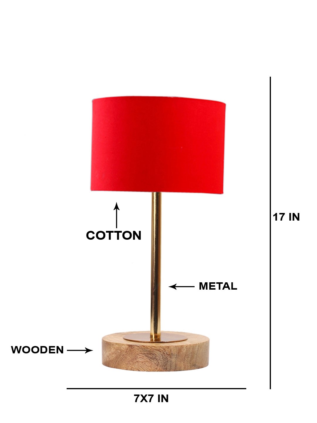 Ambika Home Luxury Premium Devansh Red cotton table lamp with Natural Wood Base & Golden Pipe (7X17 inches)-4 Lamp with Red Shade for Living Room, Bedroom & Hallway - Image 5