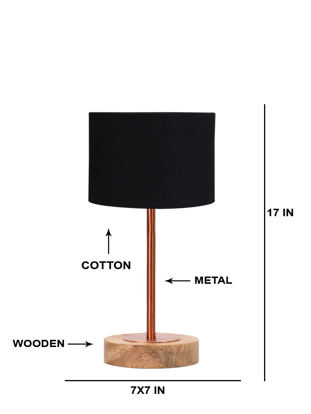 Ambika Home Luxury Premium Devansh Black cotton table lamp with Natural Wood Base & Copper Pipe (7X17 inches)-3 Lamp with Black Shade for Living Room, Bedroom & Hallway - Image 5