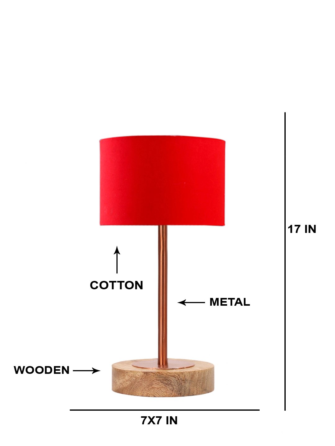 Ambika Home Luxury Premium Devansh Red cotton table lamp with Natural Wood Base & Copper Pipe (7X17 inches)-4 Lamp with Red Shade for Living Room, Bedroom & Hallway - Image 5