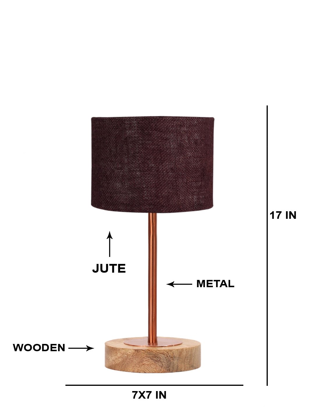 Ambika Home Luxury Premium Devansh Brown Jute table lamp with Natural Wood Base & Copper Pipe (7X17 inches)-17 Lamp with Brown Shade for Living Room, Bedroom & Hallway - Image 5