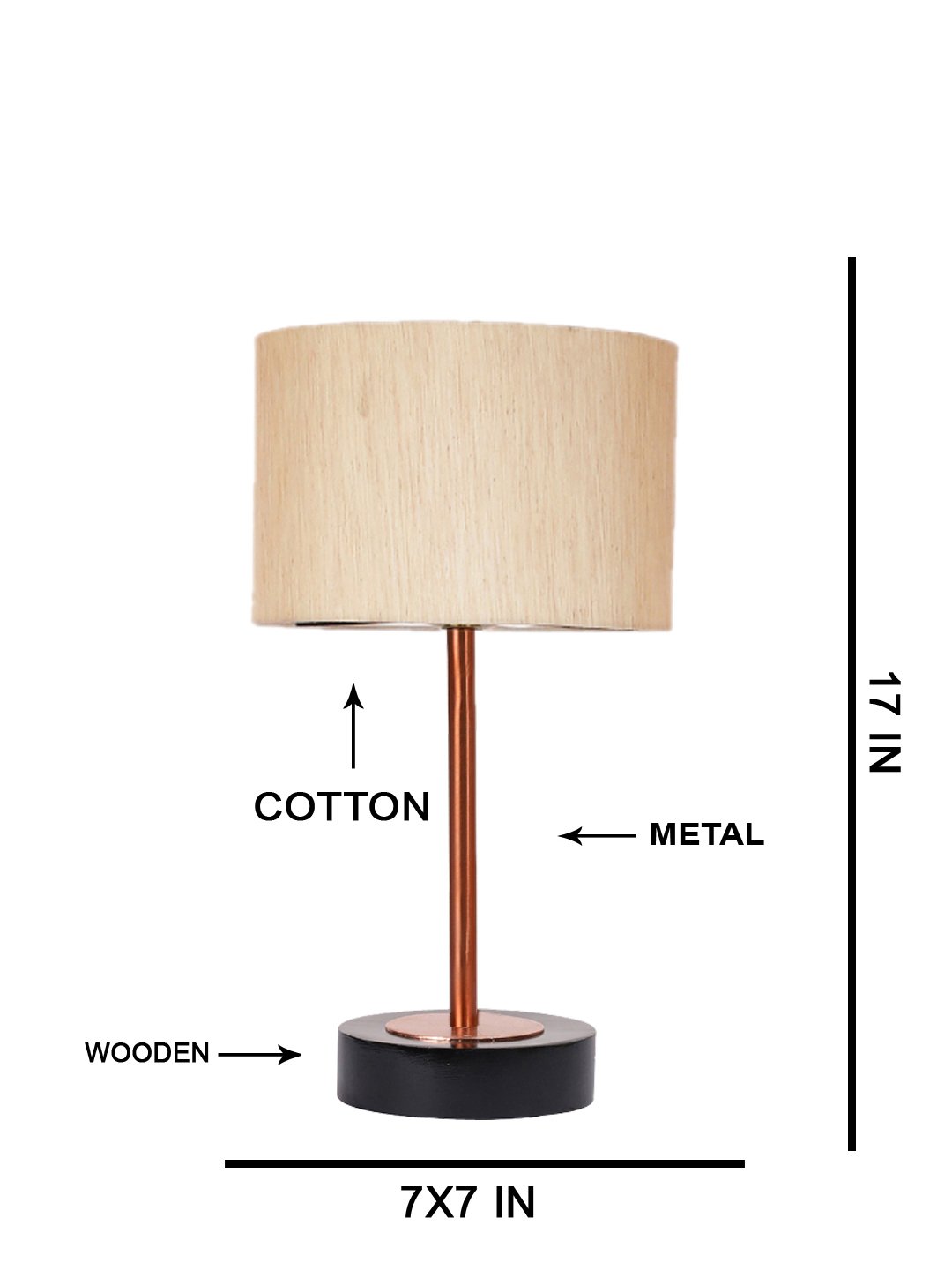 Ambika Home Luxury Premium Devansh off white cotton table lamp with Black wood base & Copper finish Metal (7X17 inches)-2 Lamp with off-white Shade for Living Room, Bedroom & Hallway - Image 5