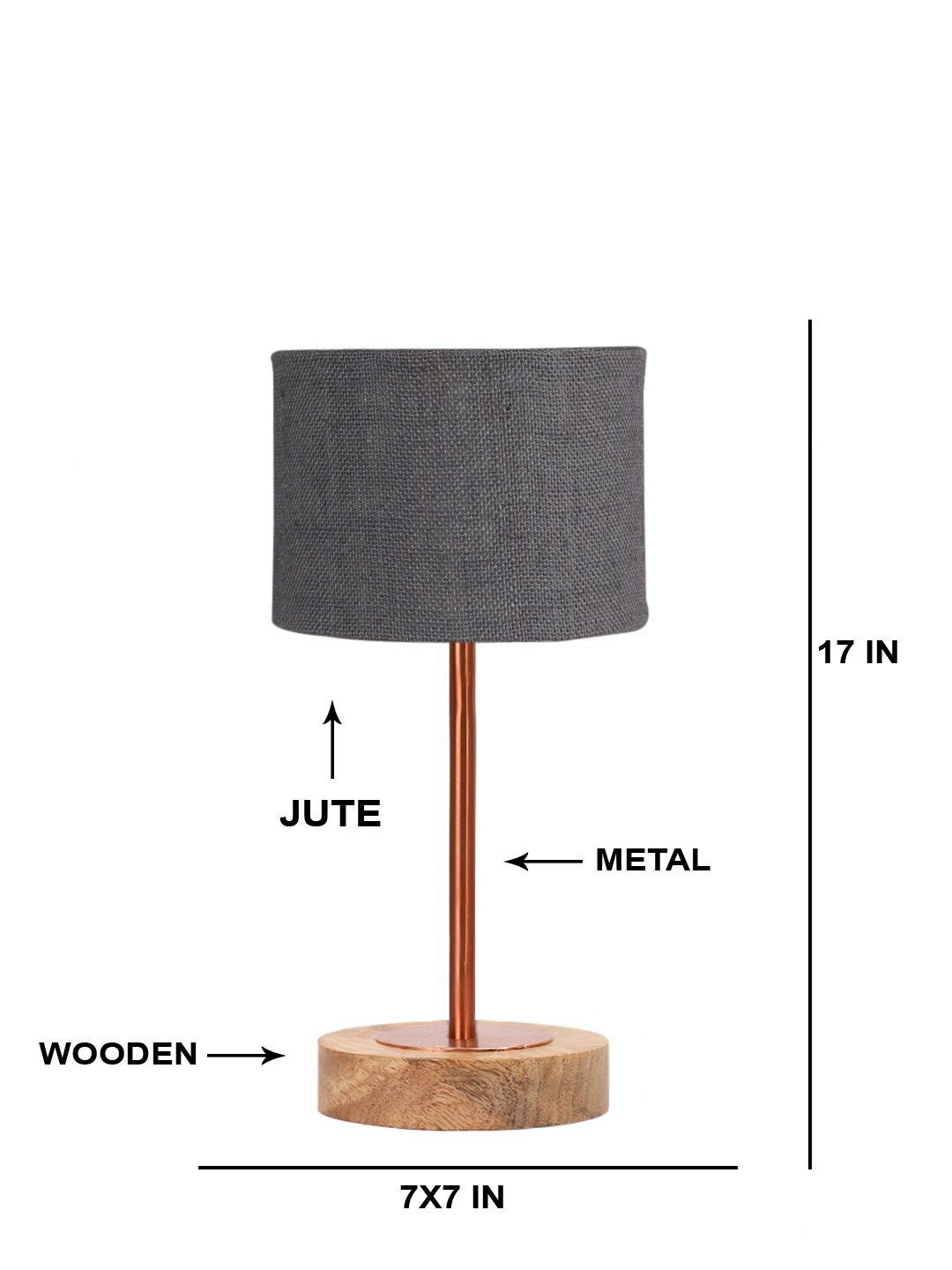 Ambika Home Luxury Premium Devansh Grey Jute table lamp with Natural Wood Base & Copper Pipe (7X17 inches)-17 Lamp with Grey Shade for Living Room, Bedroom & Hallway - Image 5