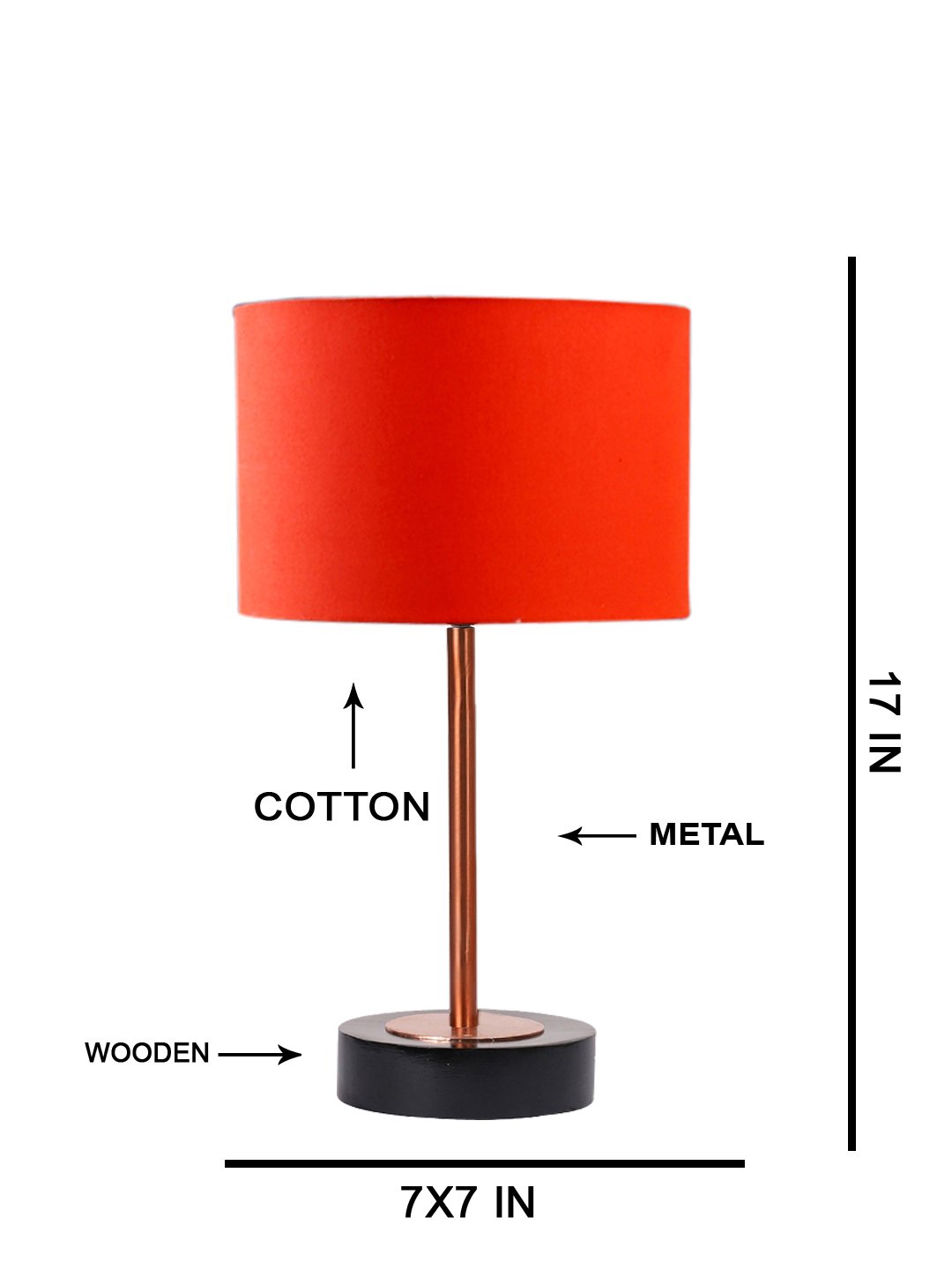 Ambika Home Luxury Premium Devansh Orange cotton table lamp with Black wood base & Copper finish Metal (7X17 inches)-5 Lamp with Orange Shade for Living Room, Bedroom & Hallway - Image 5