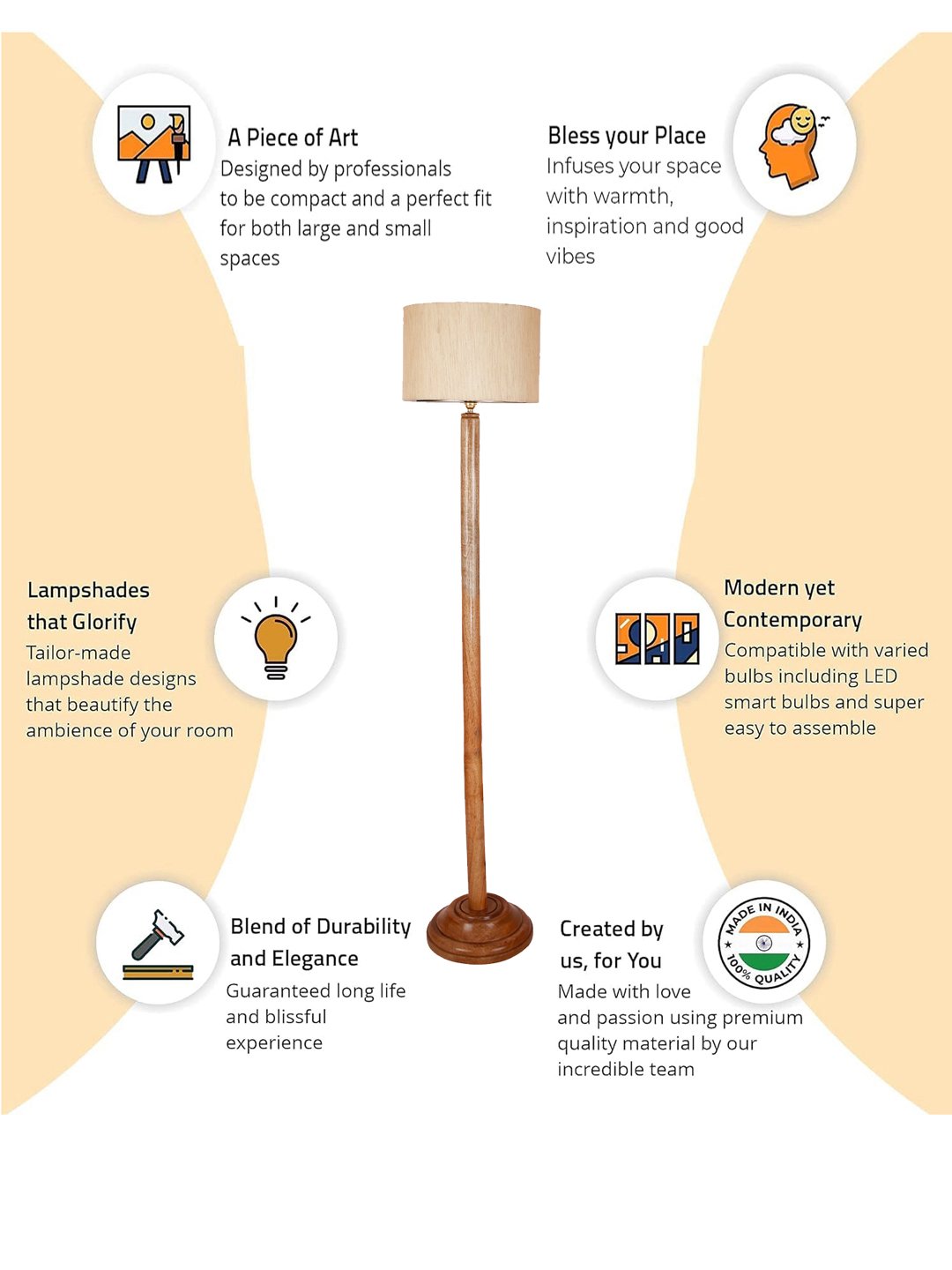 Ambika Home Off-white Shade Wooden Floor Lamp for Living Room, Bedroom & Hallway | Premium Wood Standing Lamp | E27 Holder Included Bulb - Image 6