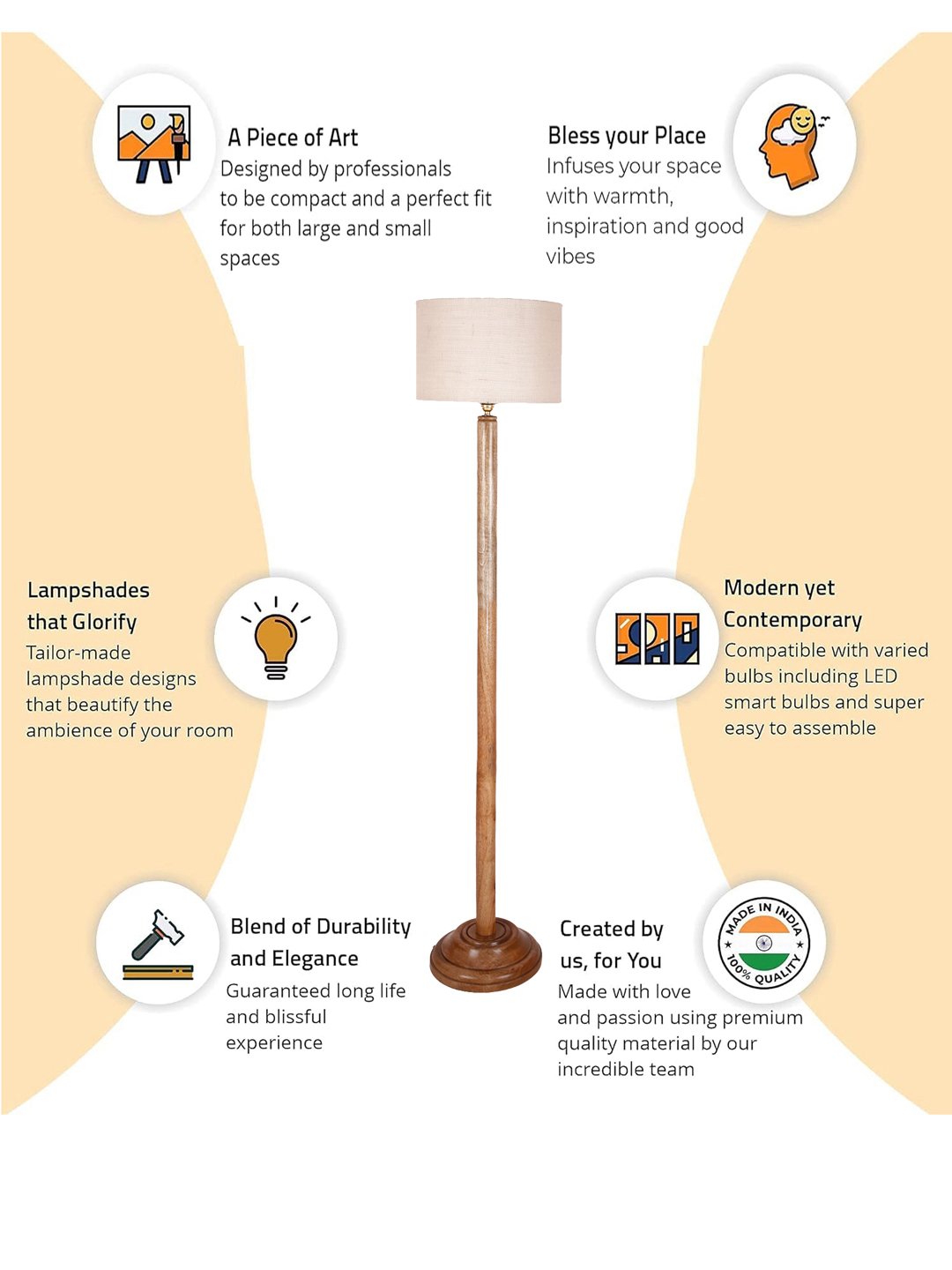 Ambika Home White Shade Wooden Floor Lamp for Living Room, Bedroom & Hallway | Premium Wood Standing Lamp | E27 Holder Included Bulb - Image 6