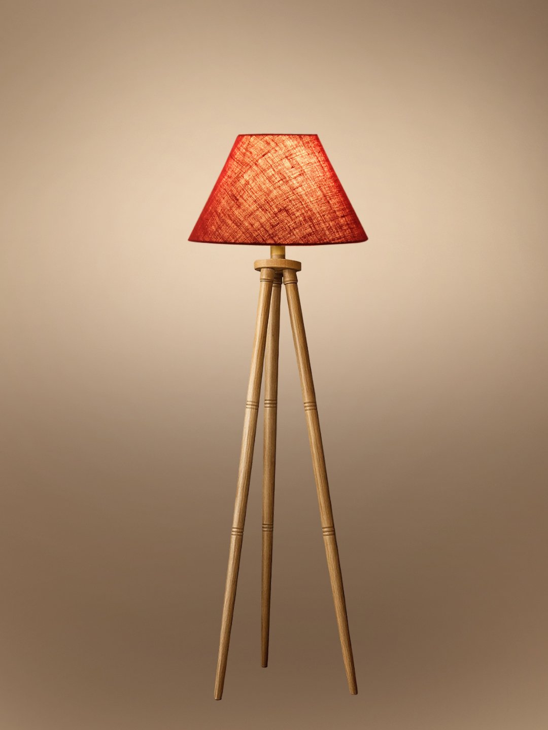 Maroon Jute Conical Shade Wooden Tripod Floor Lamp for Living Room, Bedroom & Hotel Decor | Modern Standing Lamp with Natural Wood Base, E27 Holder, Ambient Lighting & Premium Home Decor - Image 6