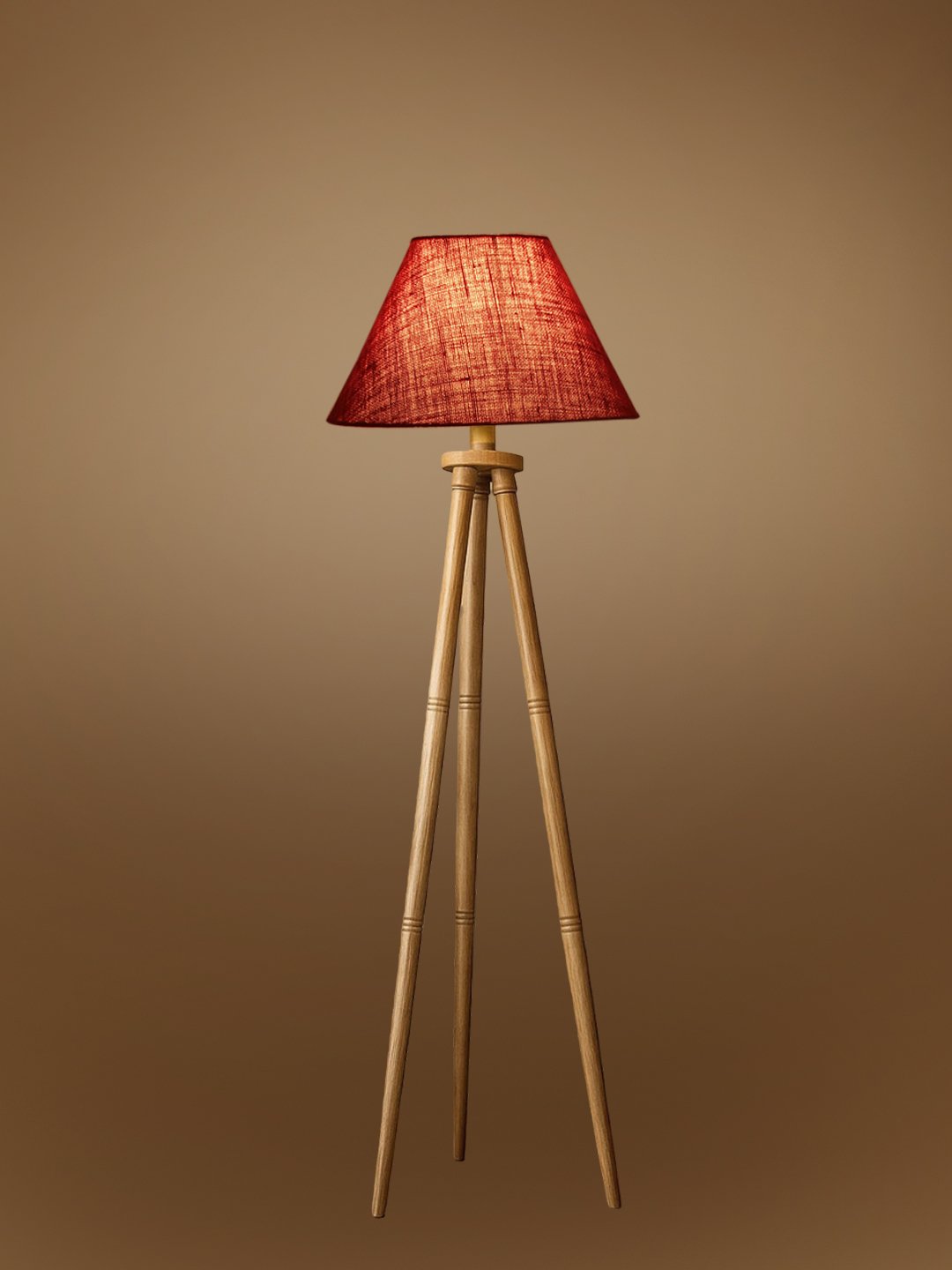 Maroon Jute Conical Shade Wooden Tripod Floor Lamp for Living Room, Bedroom & Hotel Decor | Modern Standing Lamp with Natural Wood Base, E27 Holder, Ambient Lighting & Premium Home Decor - Image 7
