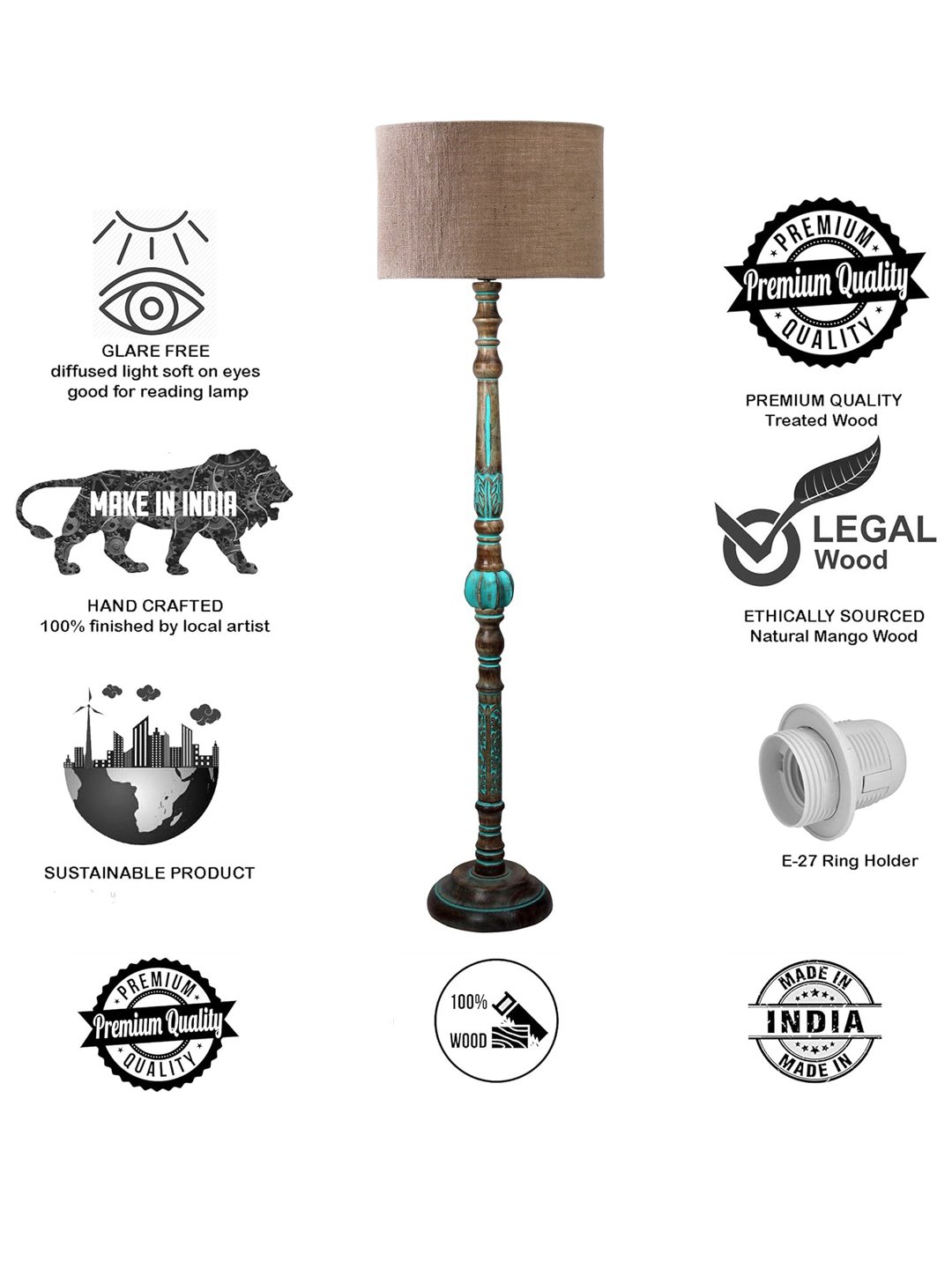 Ambika Home Beige Shade Wooden Floor Lamp for Living Room, Bedroom & Hallway | Modern Wood Standing Lamp | B22 Holder | Hotel & Guest Room Decor - Image 8
