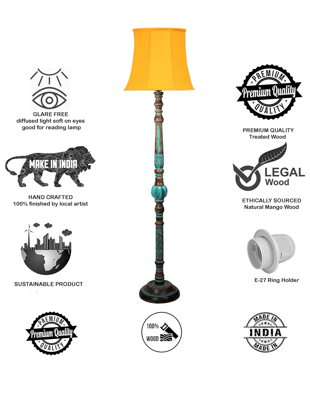 Ambika Home YELLOW Shade Wooden Floor Lamp for Living Room, Bedroom & Hallway | Modern Wood Standing Lamp | B22 Holder | Hotel & Guest Room Decor - Image 8