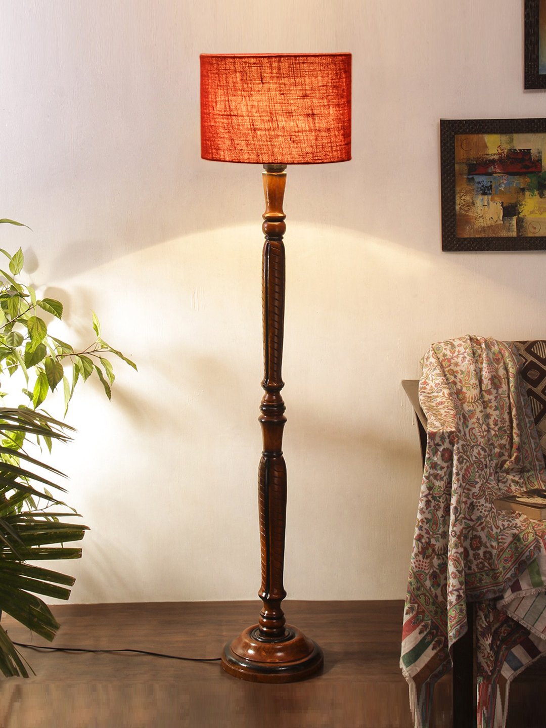 Ambika Home Luxury Handcrafted Maroon Jute Wooden Floor Lamp for Living Room & Reading Corner | Handcrafted Wood Floor Lamp with Maroon Jute Shade for Living Room, Bedroom & Home Decor - Image 3